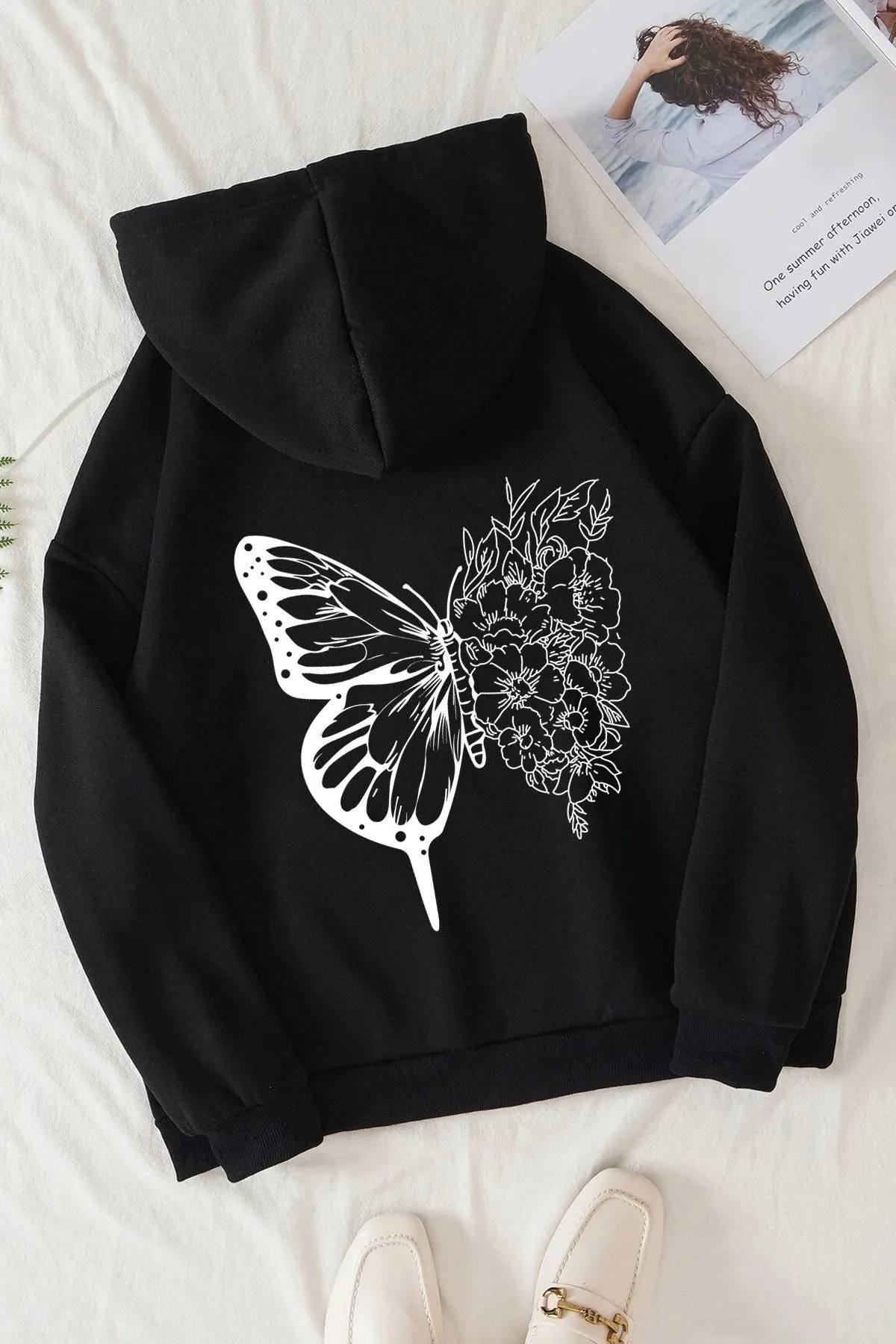 Know  Schwarzer Oversize-Sweatshirt-Hoodie mit Blumen-Schmetterlings-Print