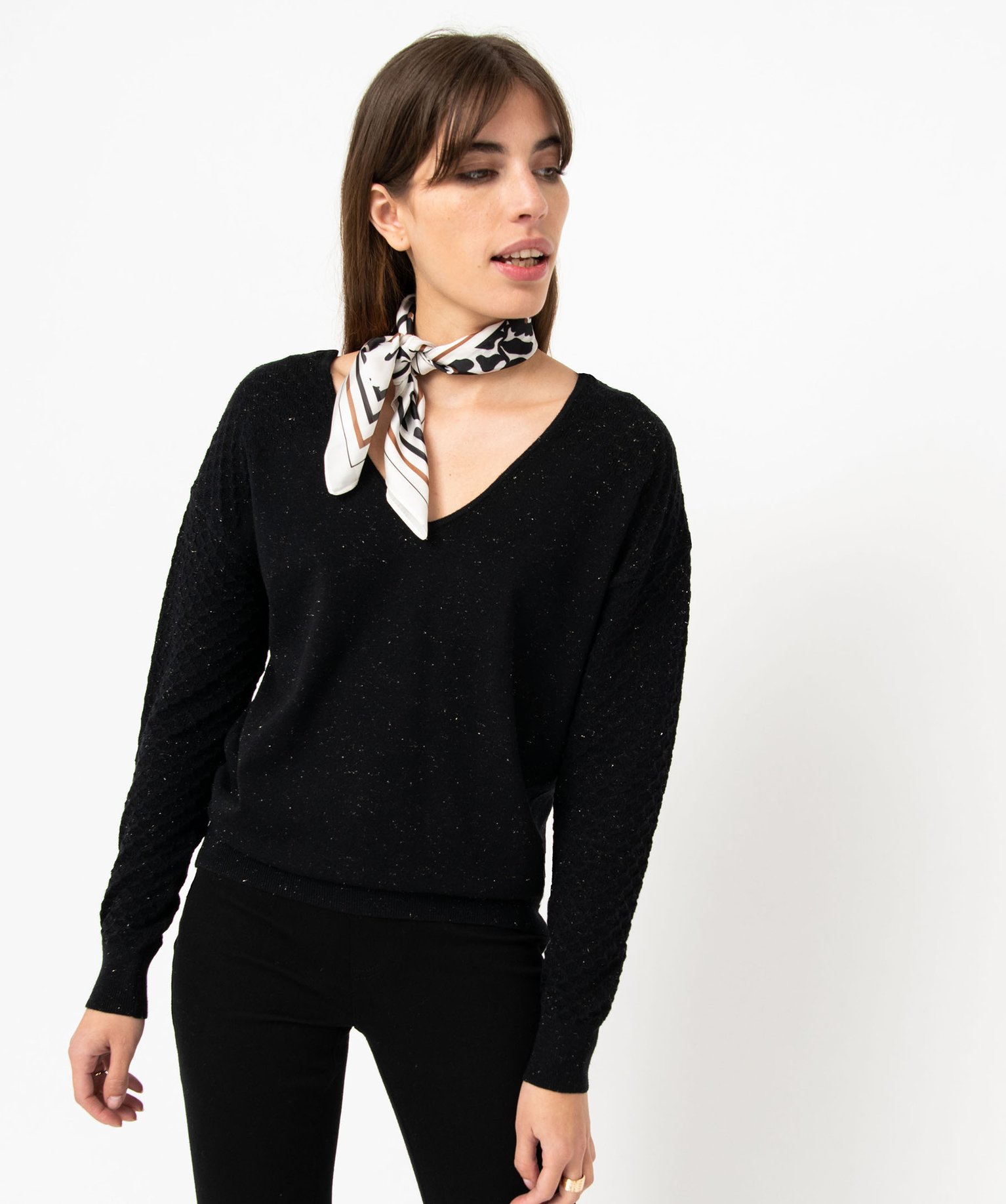 Pull avec double col V et manches fantaisie femme noir | GEMO