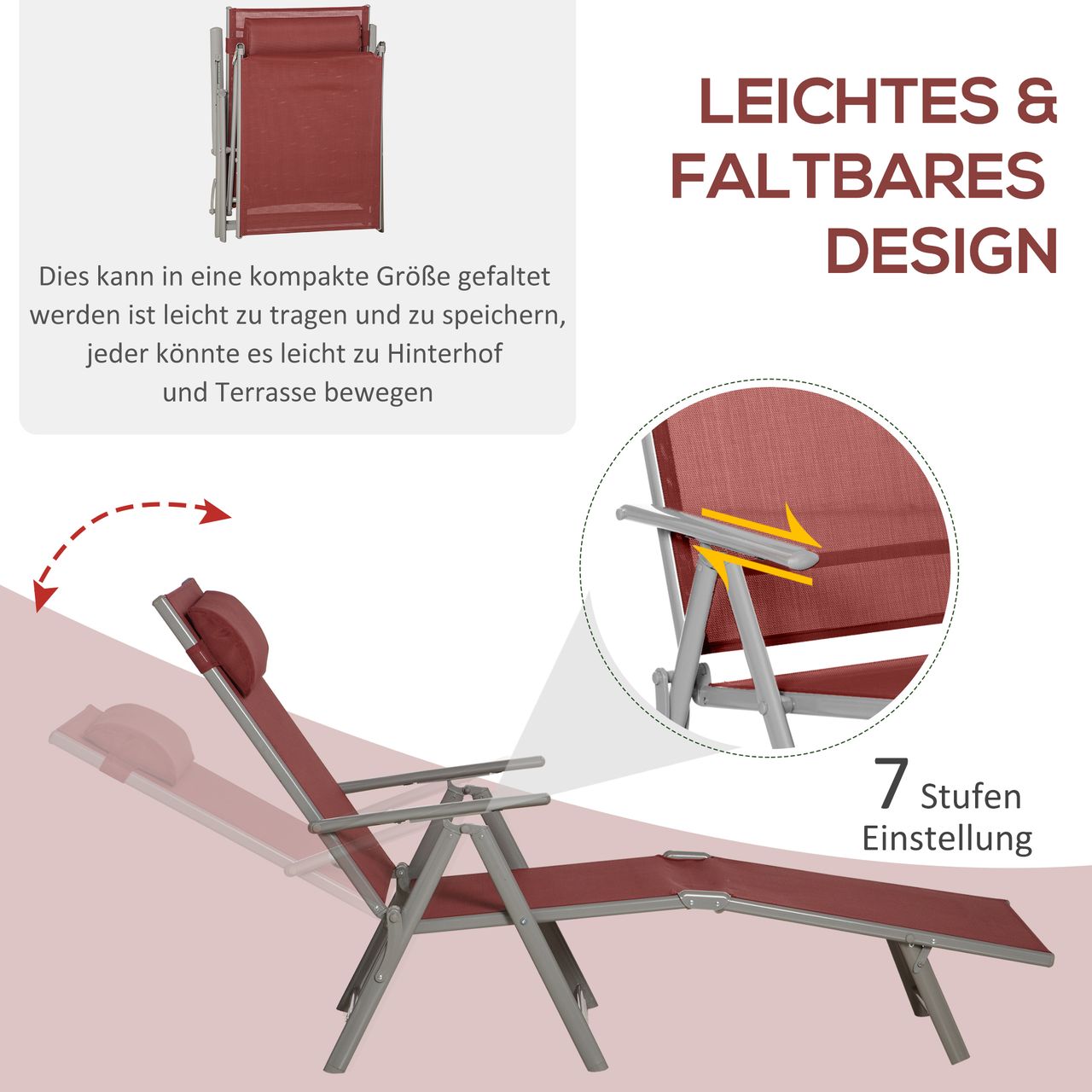 Outsunny Sonnenliege Liegestuhl mit Kopfkissen, Gartenliege für Balkon, Mesh Rot