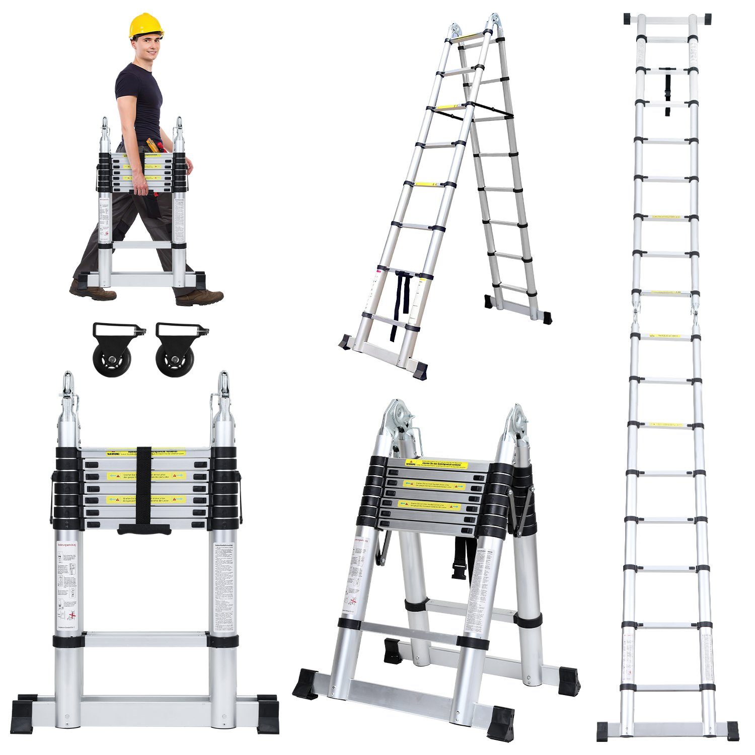 Yakimz Teleskopleiter Teleskopleiter Alu 2.5+2.5m mit Stabilisator Rädern Anlegeleiter gelb