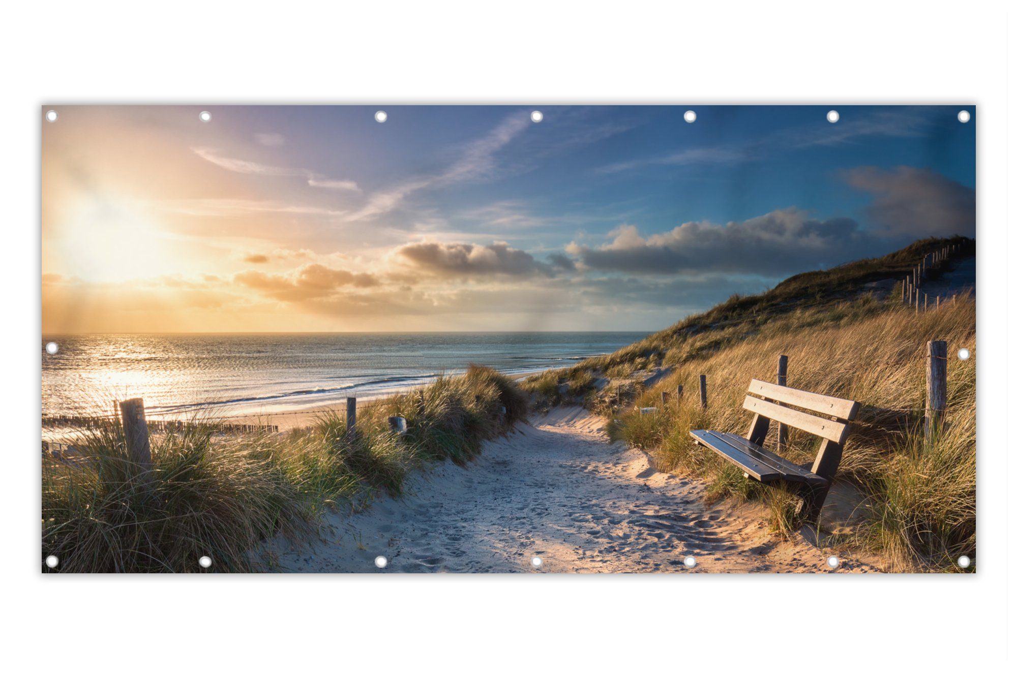 MuchoWow Balkonsichtschutz Sonnenuntergang - Strand - Düne - Gras - Bank (1-St) Balkonbanner, Sichtschutz für den Balkon, Robustes und wetterfest