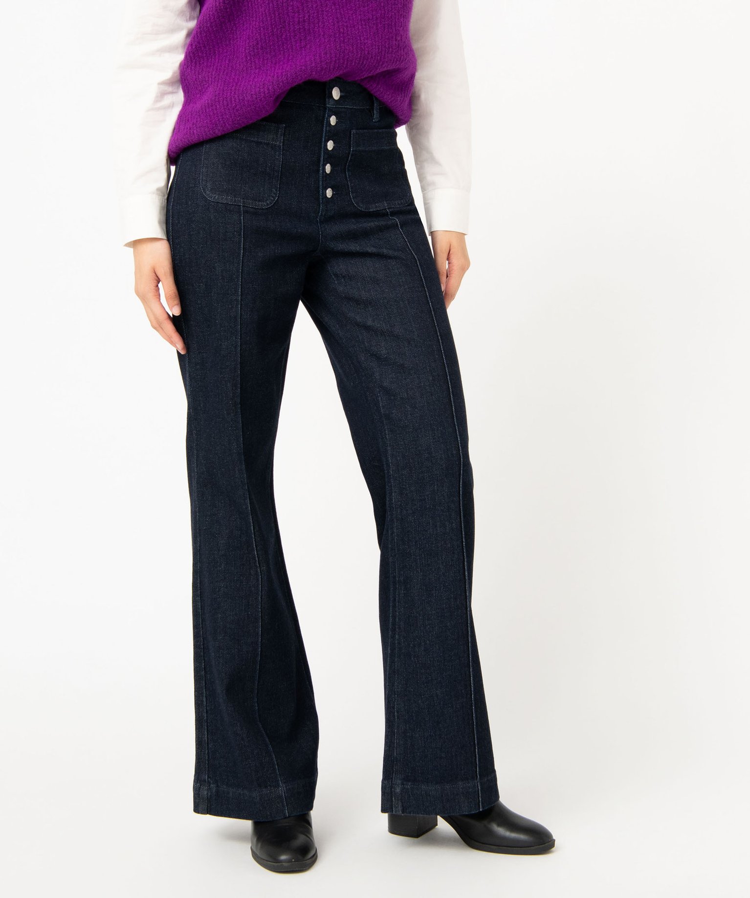 Jean "Wide legs" taille haute avec braguette boutons femme brut | GEMO