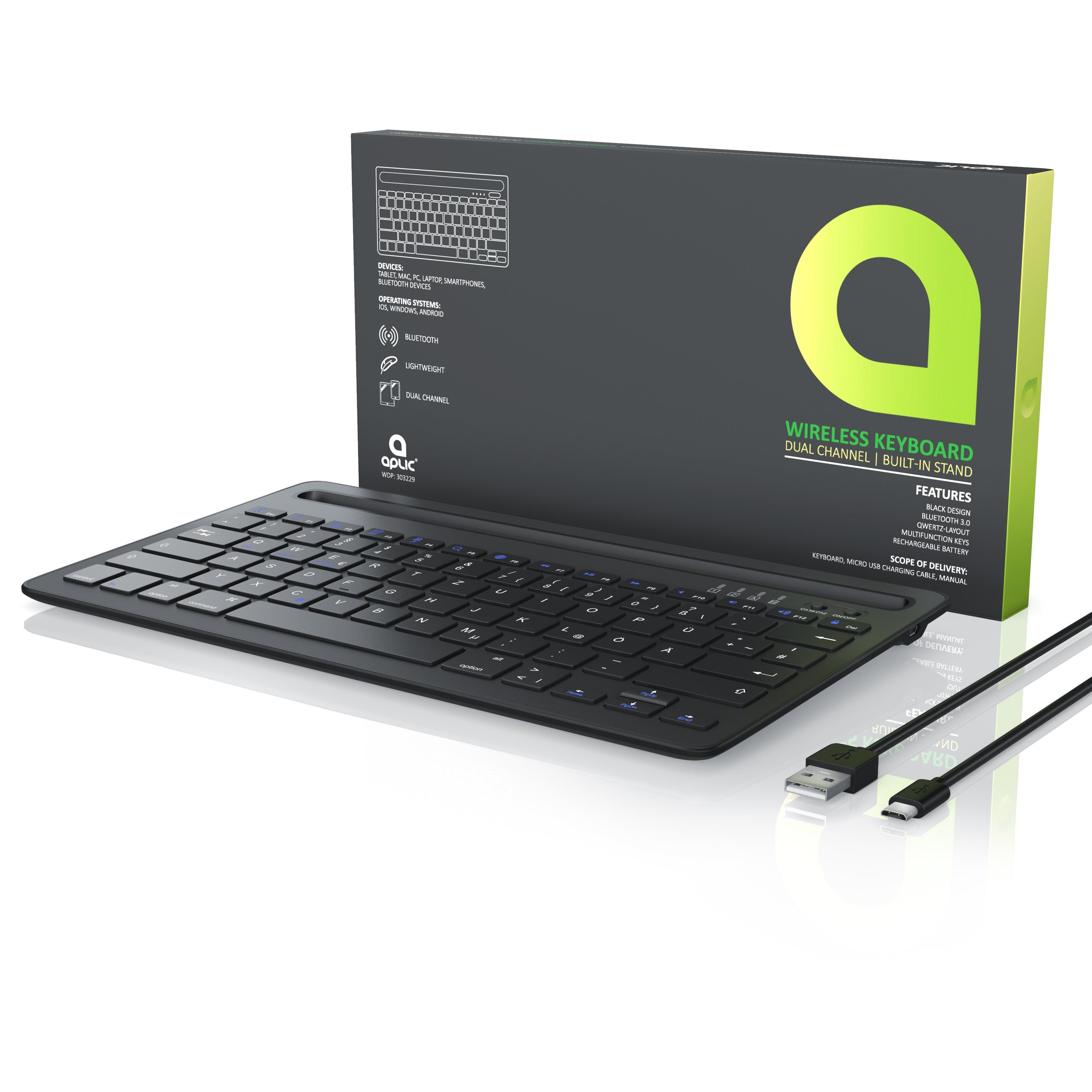 Aplic Tablet-Tastatur (Bluetooth, Tablet Halterung, mit Akku, für iOS, Android, Windows)