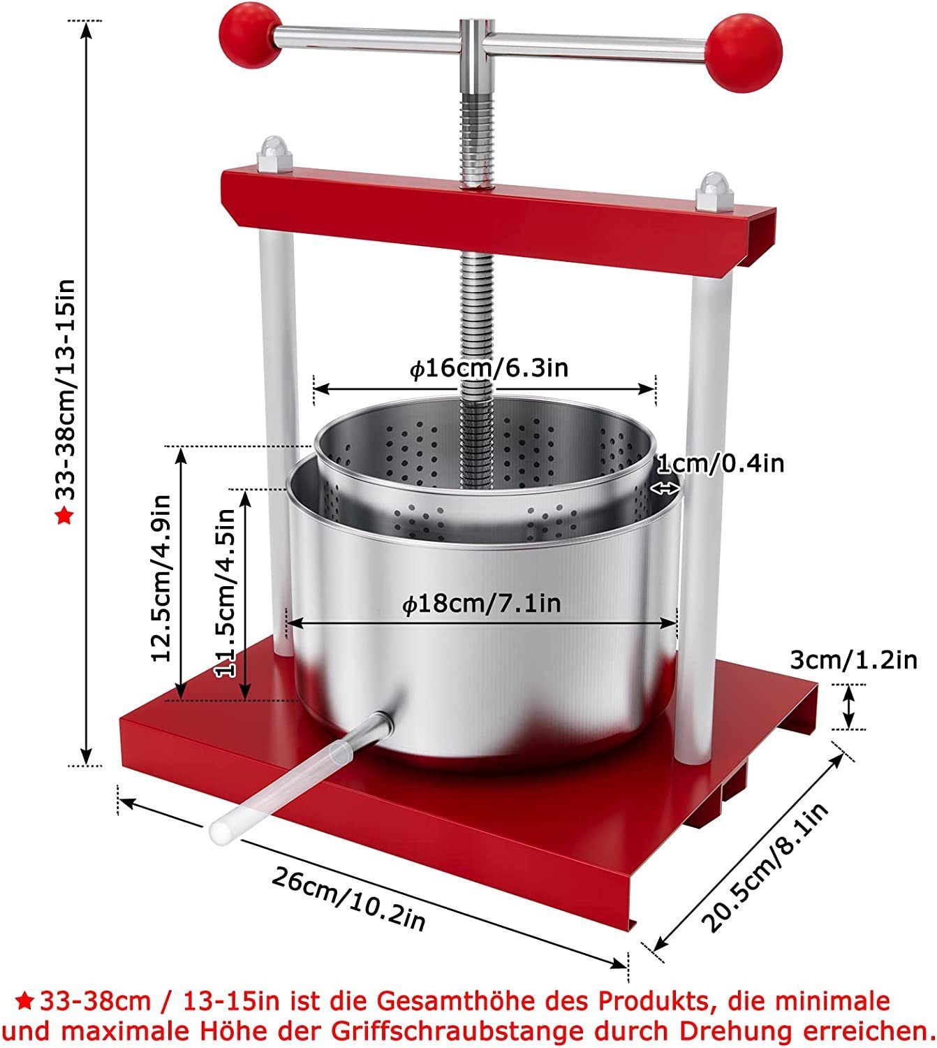 AUFUN Obstpresse Edelstahl Obstpresse Fruchtpresse Weinpresse Traubenpresse 3L/5L, Manuell Saftpresse Entsafter Obstmühle Obst Wein Presse