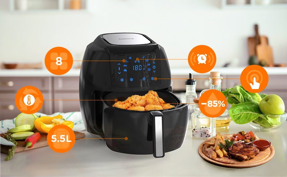 Tomons Heißluftfritteuse XXL 5,5L Elektrofritteuse Airfryer, ohne Fett und Öl, 1800,00 W