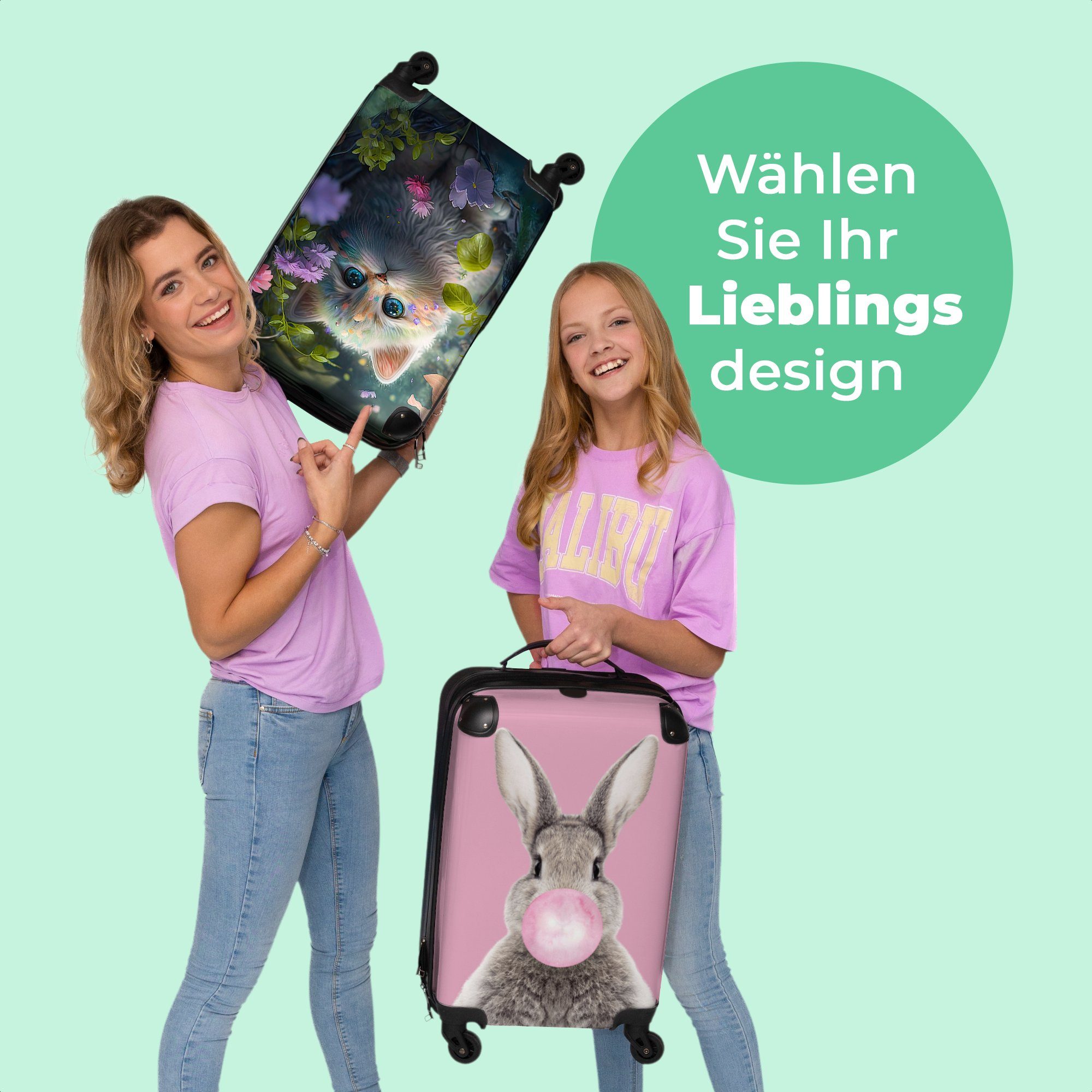 NoBoringSuitcases.com© Handgepäckkoffer 55x35x20cm Kätzchen - Blumen - Wald - Illustration - Katze, 4 Rollen, Handgepäck Trolley Rollkoffer Kleine Reisekoffer mit 4 Rollen - Cabin