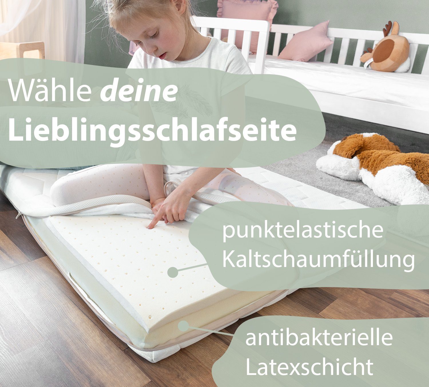 Kindermatratze FLEXY aus Latex 2 Härten und Kaltschaum, Alcube, 10 cm hoch, Babymatratze 60x120 cm ohne Trittkante, Gemütliche Matratze 4 Seiten Reißverschluß, für Babybett I Atmungsaktiv Matratze Pflegeleicht