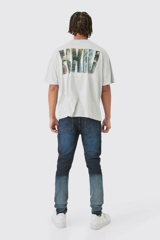 Super Skinny Stretch Jeans mit Farbspritzern und blauem Farbverlauf