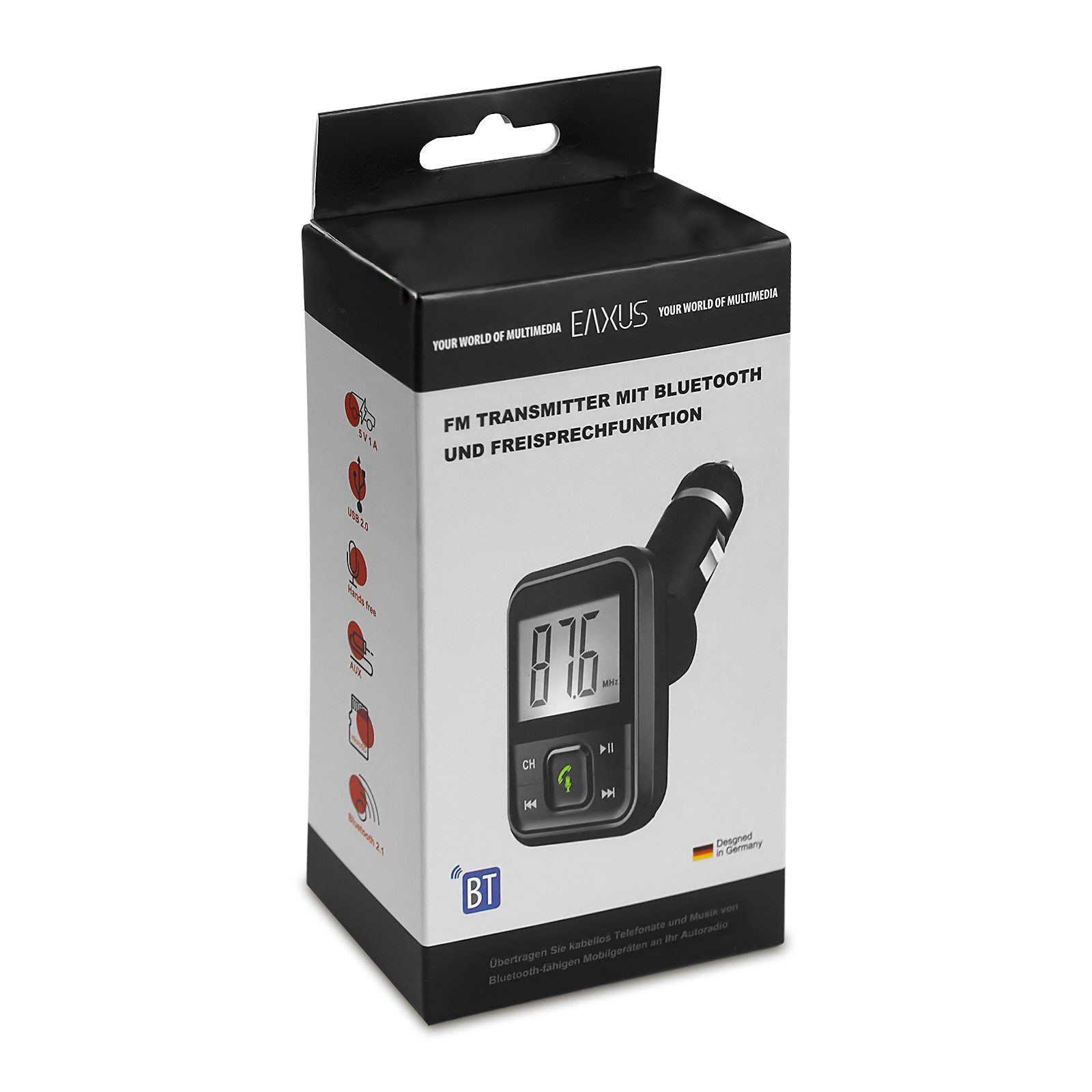 EAXUS Bluetooth FM-Transmitter für Autoradio KFZ-Transmitter Bluetooth, 3,5-mm-Klinke, microSD, USB-Sticks, Mit Freisprechfunktion und USB-Anschluss zum Laden