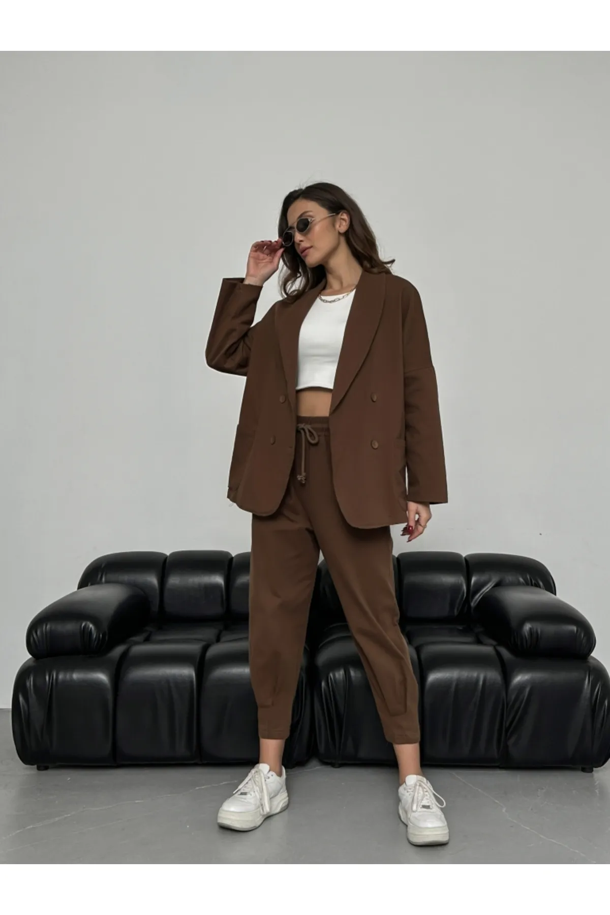 Elif Özbey Butik  Braune Gabardine Oversize Jacke Hose