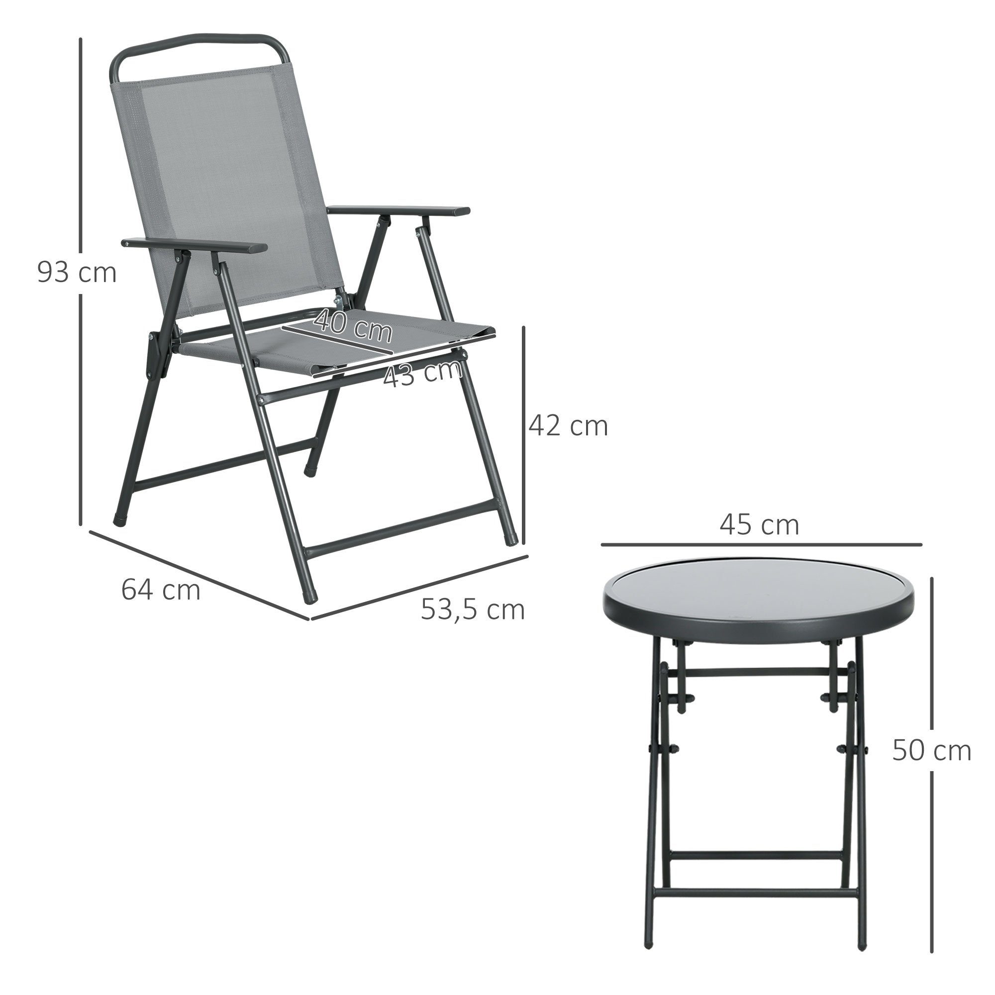 Outsunny Balkonset Gartenmöbel-Set, Klappbares Bistro-Set, (Metall-Möbel, 3-tlg., Balkonmöbel Set), für Garten, Terrasse, Mesh, Hellgrau
