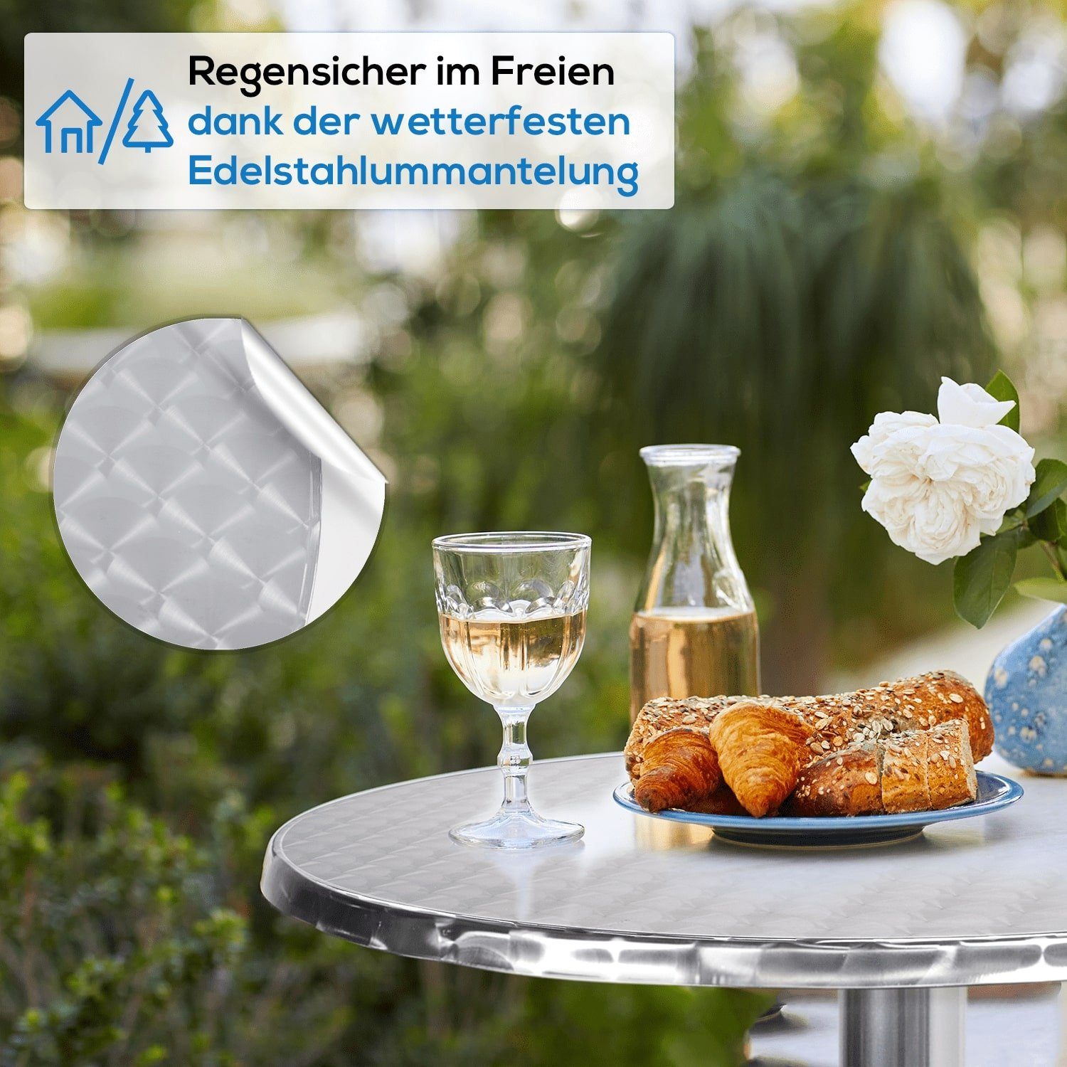 TroniTechnik Klapptisch Stehtisch Bistrotisch klappbar Ø 60cm, Aluminium und Edelstahl (in Weiß aus Aluminium, für Terrasse, höhenverstellbar bis 110cm), 2in1 Ø 60cm, wetterfest