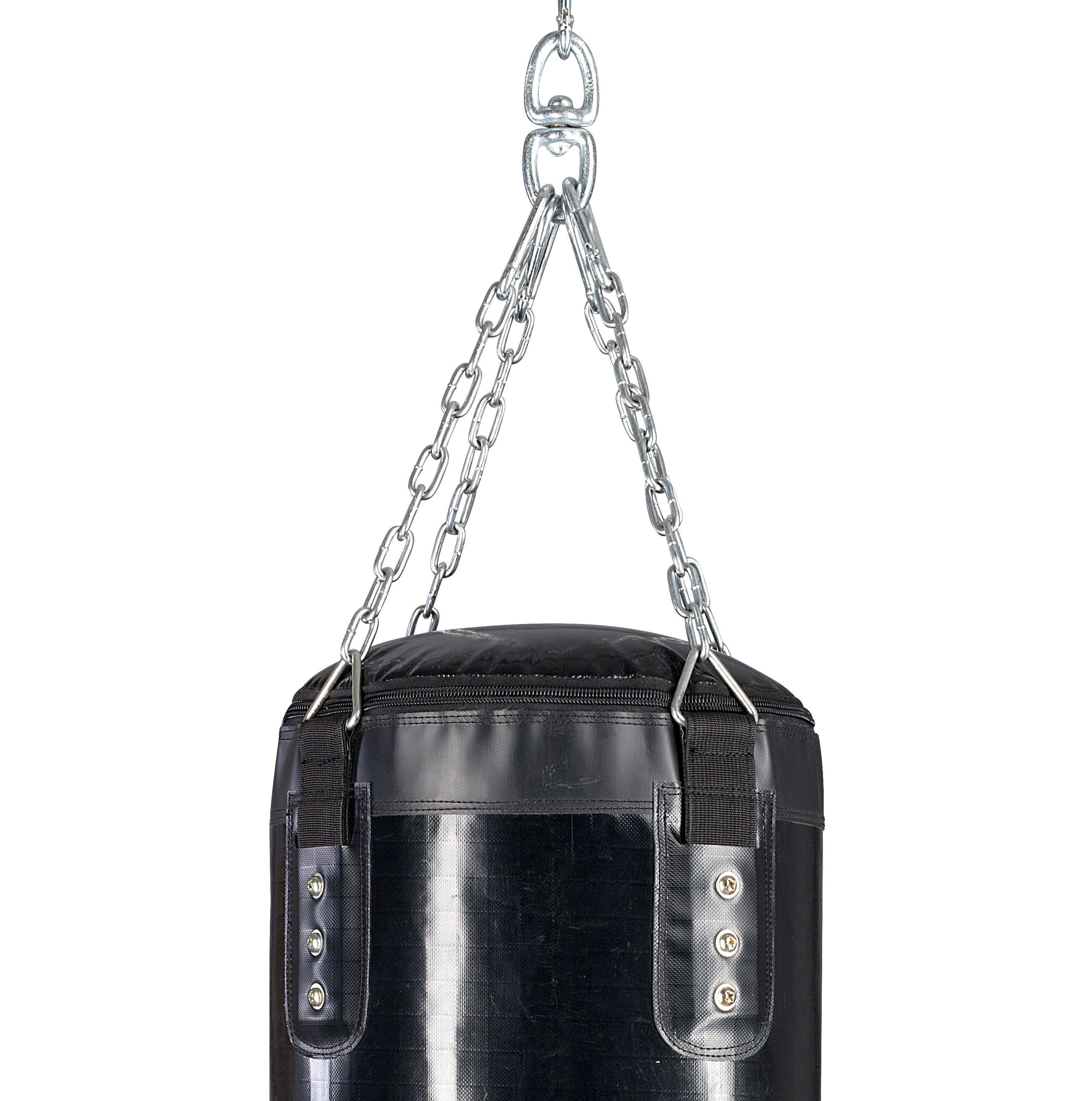 BAY-Sports Boxsack großer Profi Stahlkette Sandsack 150x35cm schwarz Kunstleder ungefüllt (schweren Vinyl mit Nylon-Gitternetzverstärkung, bis 70 kg), 4-strahlige verchromte Stahlkette, 180 x 35 cm