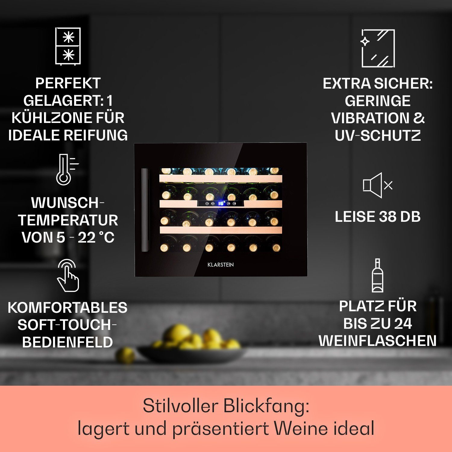 Klarstein Weinkühlschrank Vinsider 24 Onyx Edition, für 24 Standardflaschen á 0,75l,Wein Flaschenkühlschrank Weintemperierschrank Weinschrank Kühlschrank