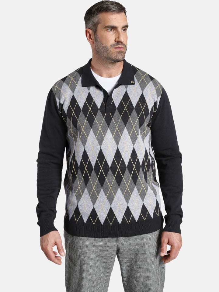 Charles Colby Langarm-Poloshirt EARL JERRY in grau gemustert günstig kaufen