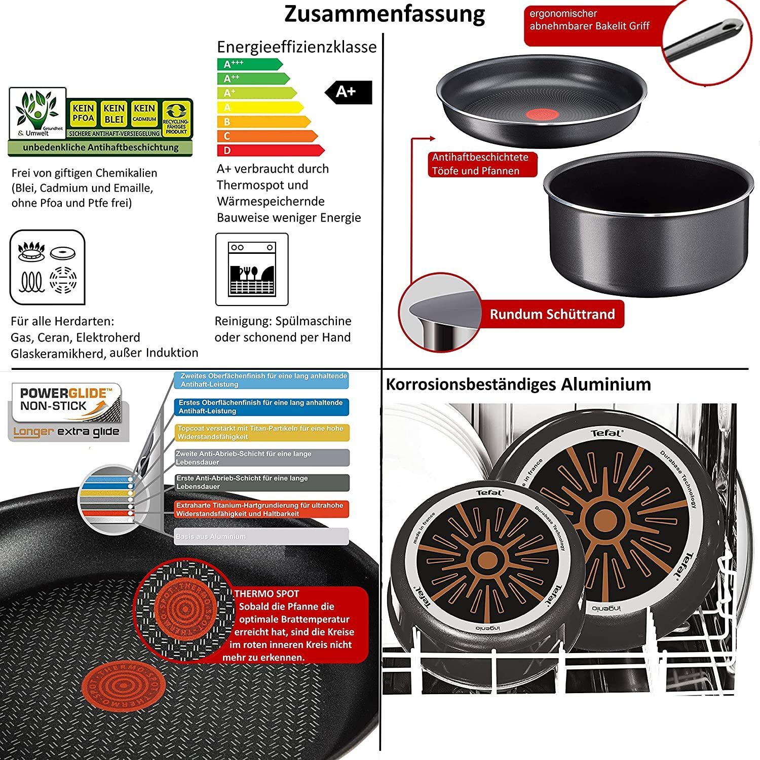 Tefal Topf-Set Ingenio L20488 Topfset 15 tlg, Griff abnehmbar, Töpfeset, Aluminium Guss (Pfanne, Bratpfannen Set, Pfannenset, Wok, Wokpfanne, Schmorpfanne, 15-tlg., Inkl. Spritzschutz, 2 Pfannenwender, 1 Abnehmbarer Griff, 1 Löffel), für alle Herdart