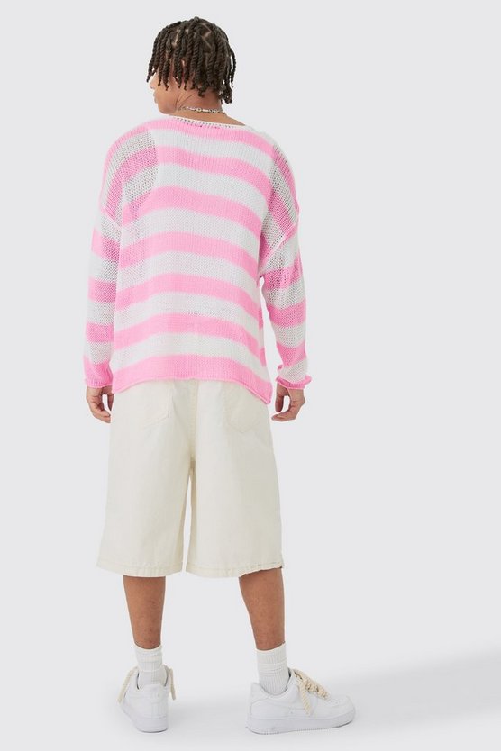 Kastiger gestreifter Oversize Pullover in Pink