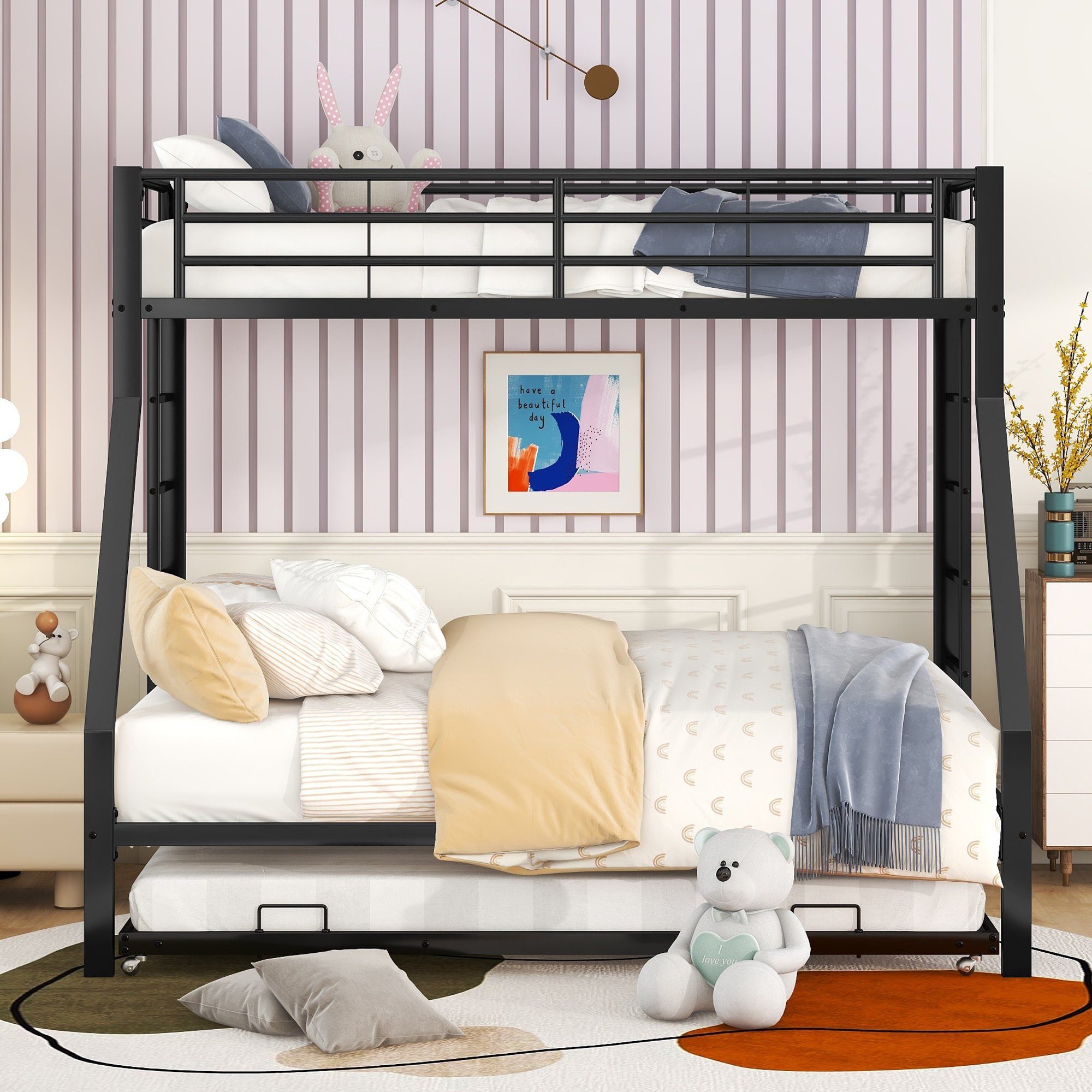 Flieks Etagenbett, Metallbett mit ausziehbarem Bett 90x200cm/140x200cm/90x190cm