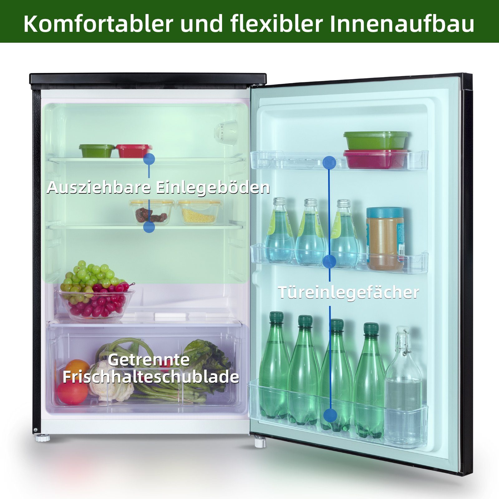 CHiQ Kühlschrank CSF120BE, 85 cm hoch, 55 cm breit, 126L Kühlschrank,12 Jahre Garantie auf den Kompressor,Low-frost