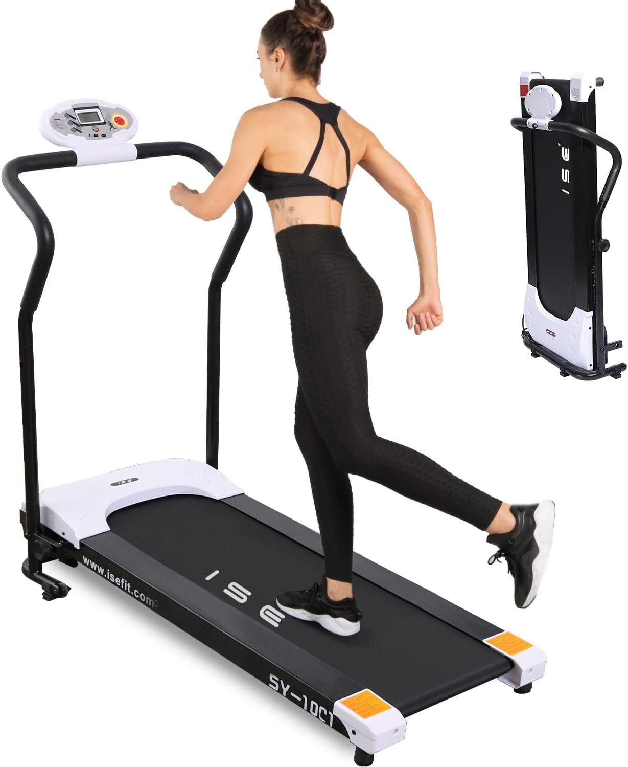 ISE Laufband (Laufband für Home GEH Lauftraining verstellbar Programmen750W 10KM/H), mit hat 3 voraufgezeichnete Programme und 4 Schnelleinstellungstasten