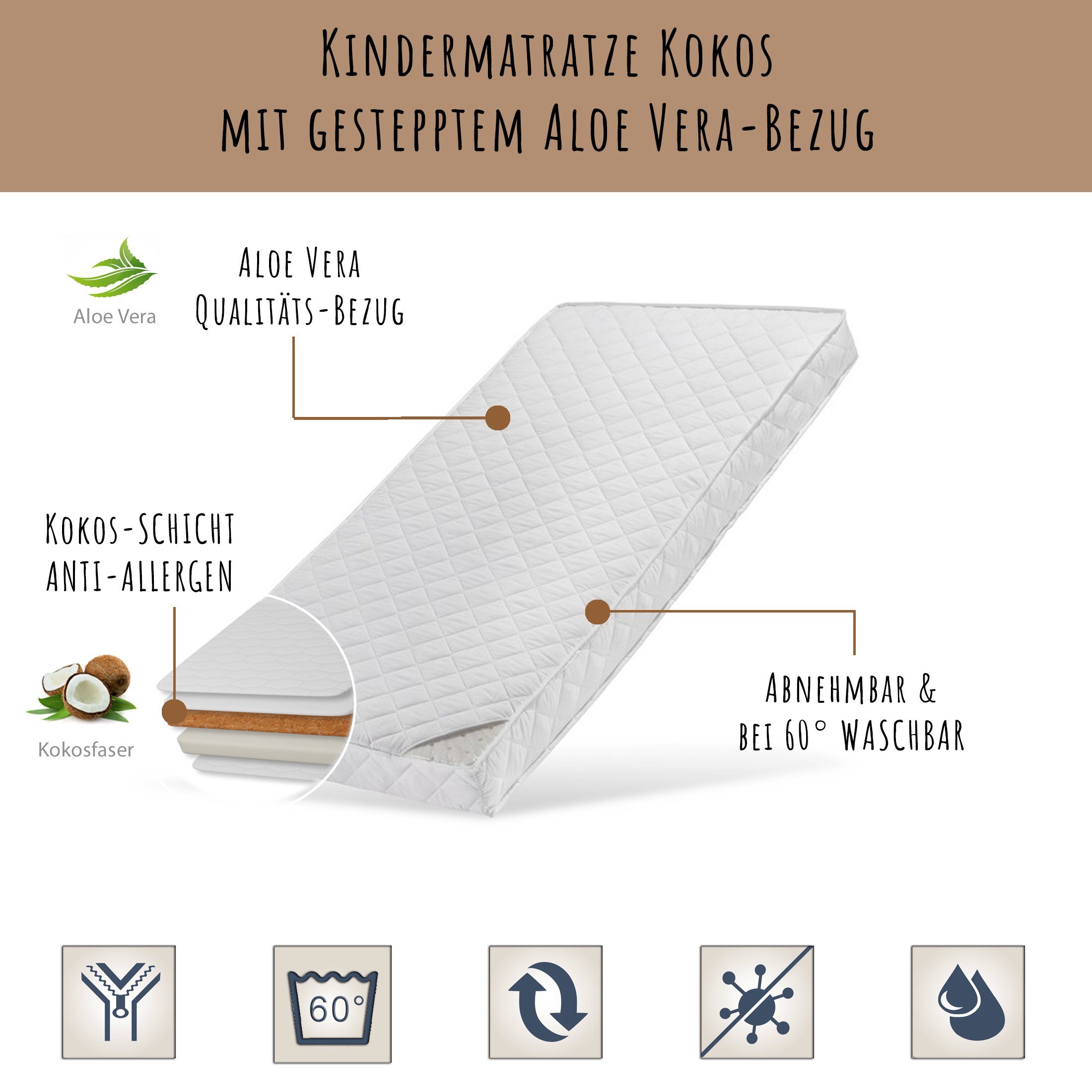 Kindermatratze KOKOS mit gestepptem Aloe Vera-Bezug, Kids Collective, 10 cm hoch, Babymatratze 60x120I70x140I80x160I80x180I90x200