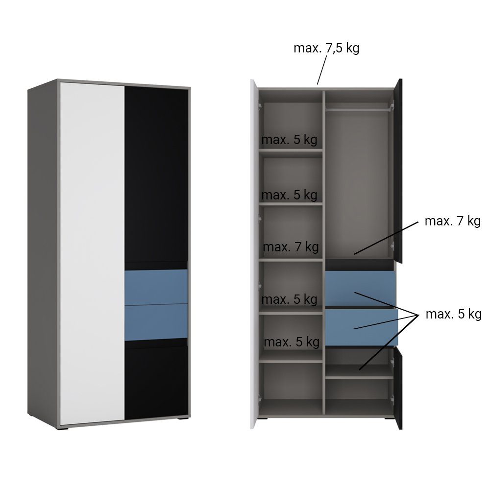 Lomadox Jugendzimmer-Set LIIVA-129, (Sparset, 5-tlg), Grau Platin, Perlschwarz, Alpinweiß, Himmelblau, Liegefläche 90x200 cm