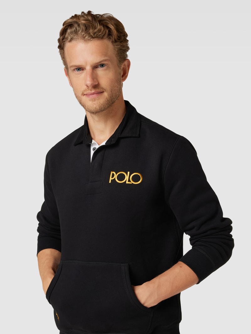 Sweatshirt mit Polokragen und Logo-Stitching in schwarz