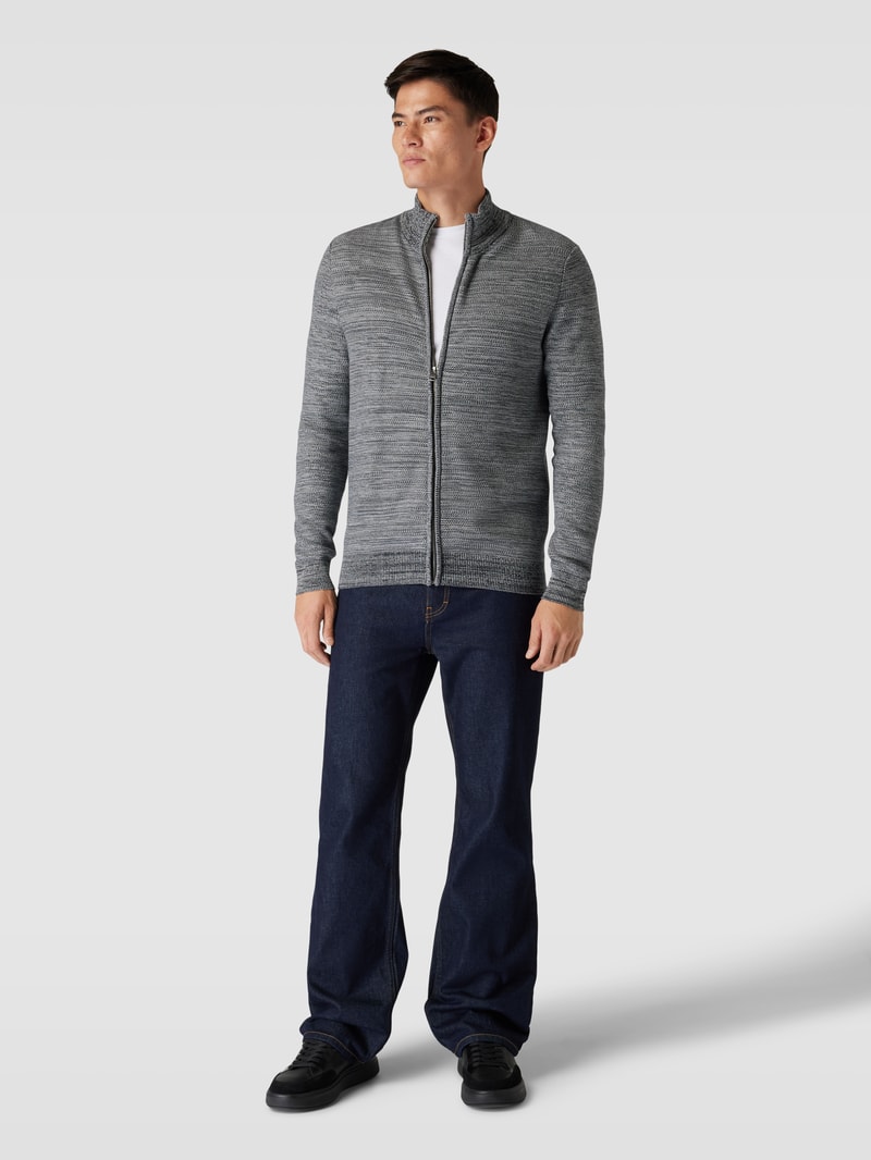 Strickjacke in Melange-Optik mit Stehkragen und Reißverschluss in rauchblau meliert