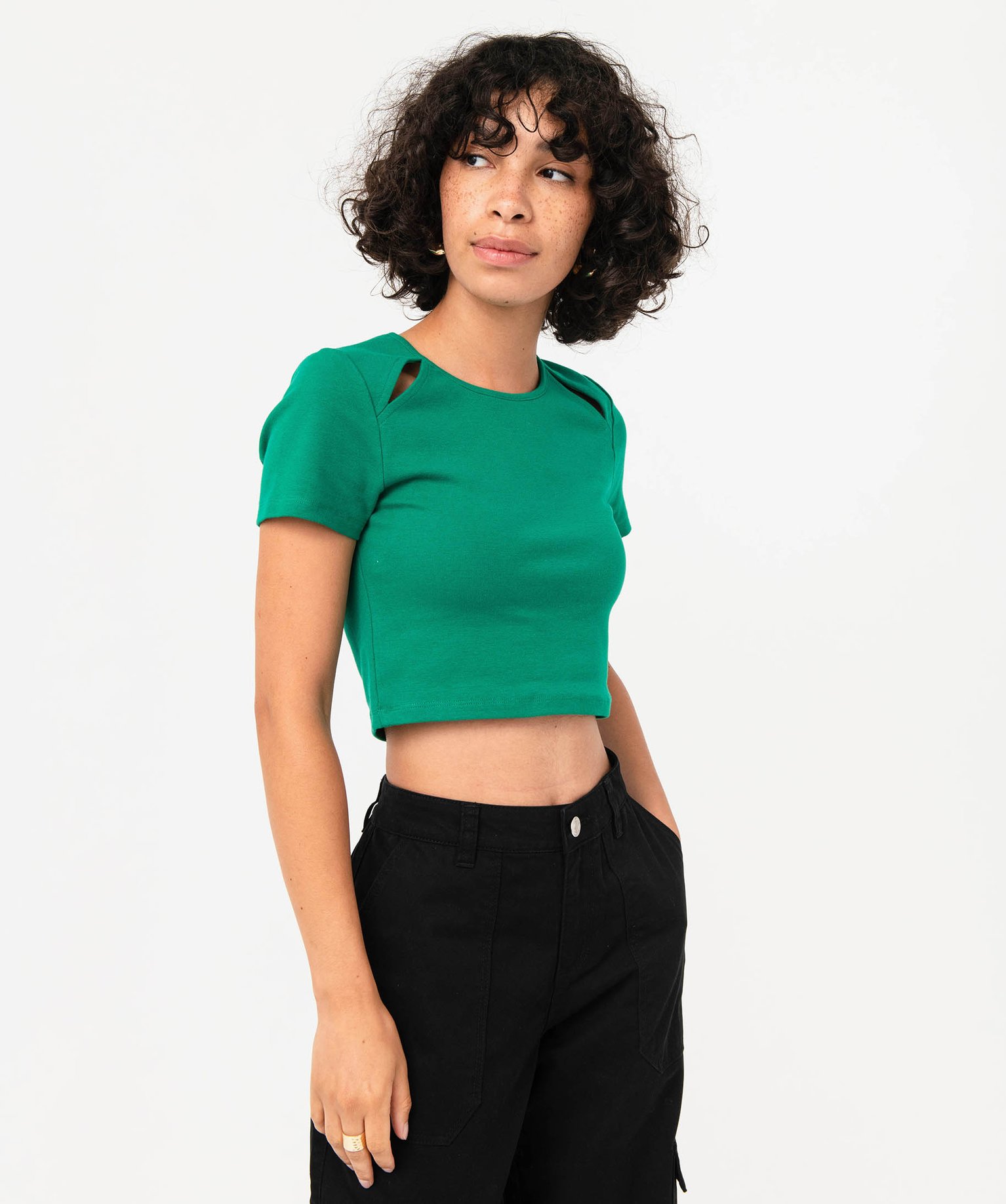Tee-shirt à manches courtes et col rond coupe courte femme vert | GEMO