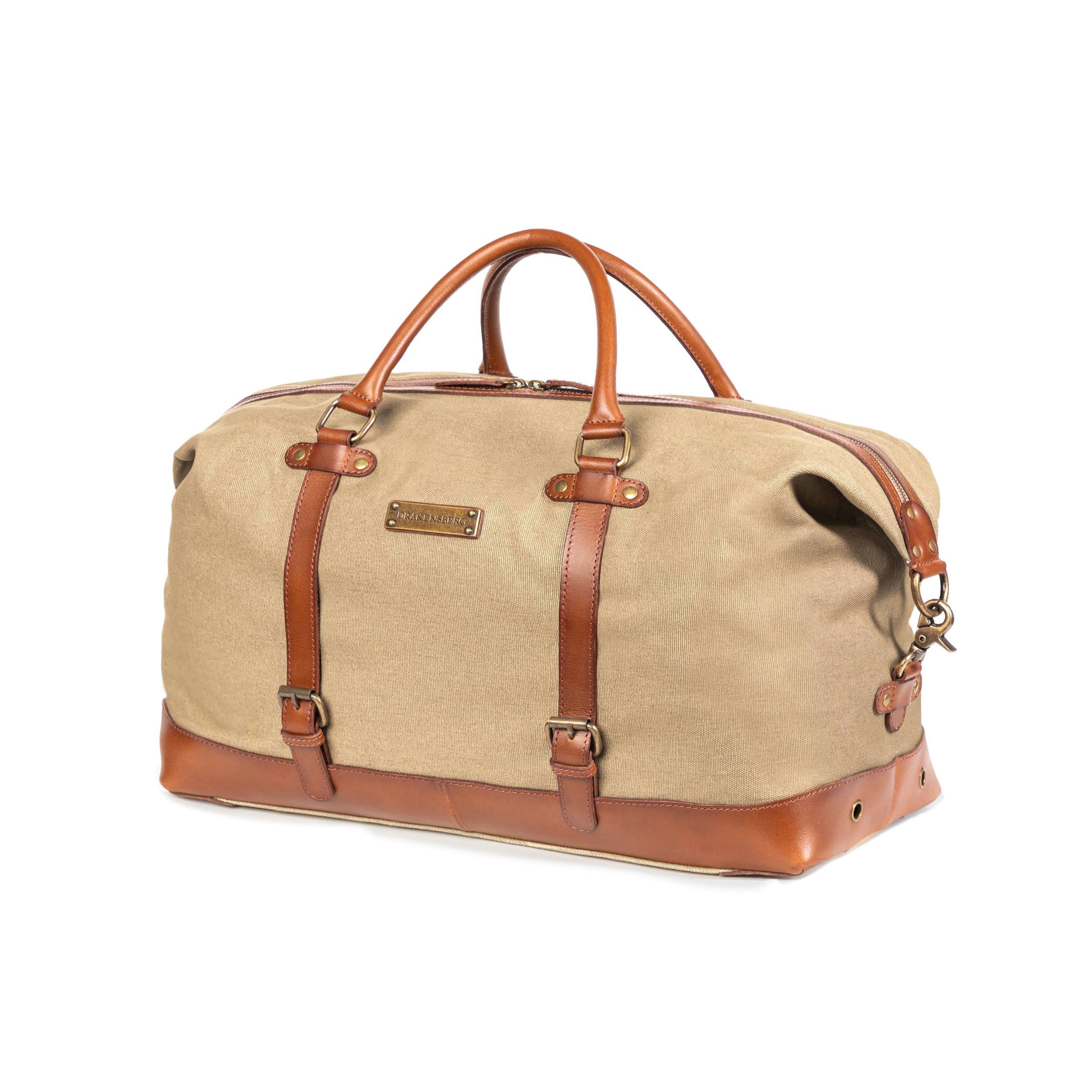 DRAKENSBERG Reisetasche Weekender Owen Khaki-Beige, für Damen und Herren, stilvoll und elegant, Canvas, Leder, erweiterbar