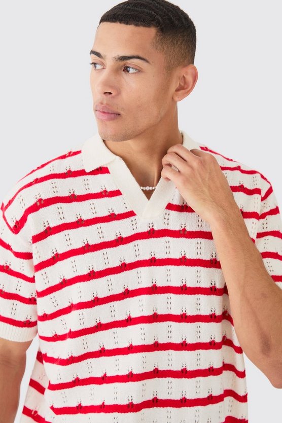 Kurzärmliges gehäkeltes Oversize Poloshirt mit Streifen