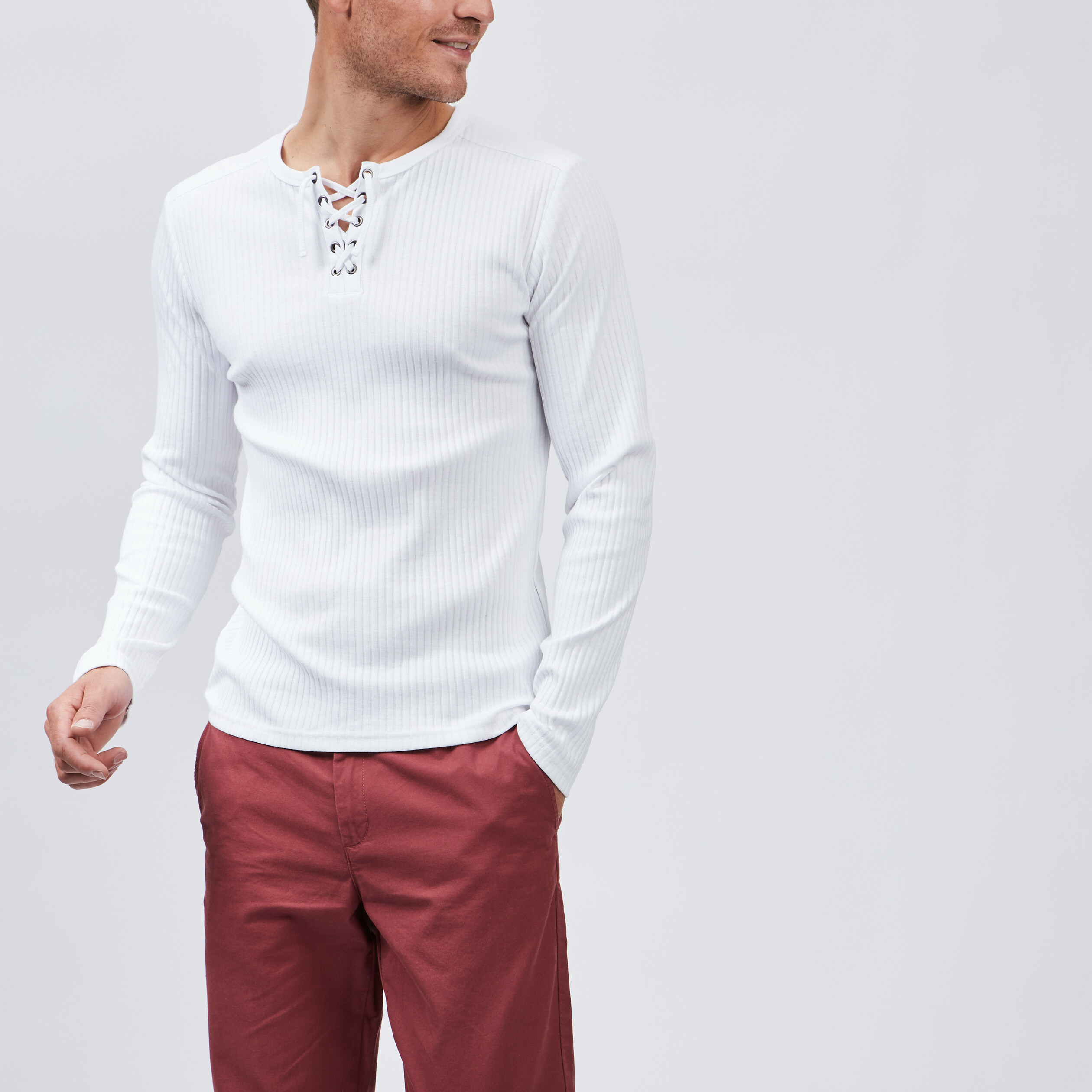T-shirt ajusté manches longues côtelé blanc homme | La Halle