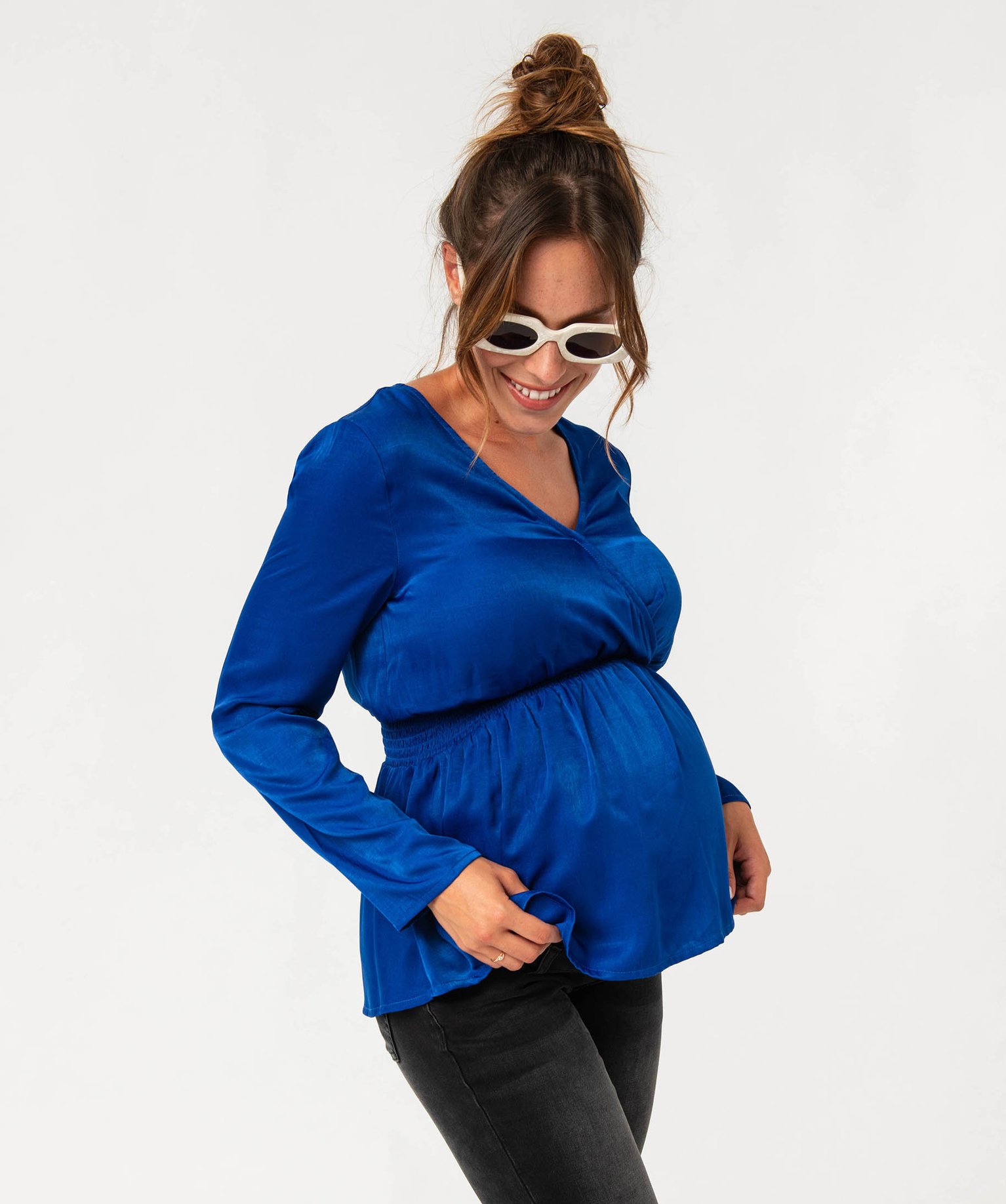 Blouse à manches longues et col cache-coeur spéciale mater... bleu | GEMO
