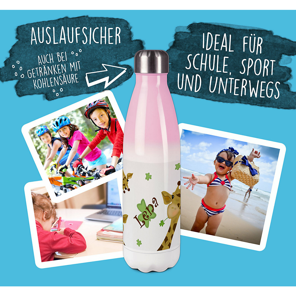 Edelstahl Kinder Thermoflasche / Trinkflasche bunt Giraffe Spülmaschinenfest, Auslaufsicher, Bruchfest, Doppelwandig, Für Heißgetränke geeignet, Mit Deckel, Isoliert