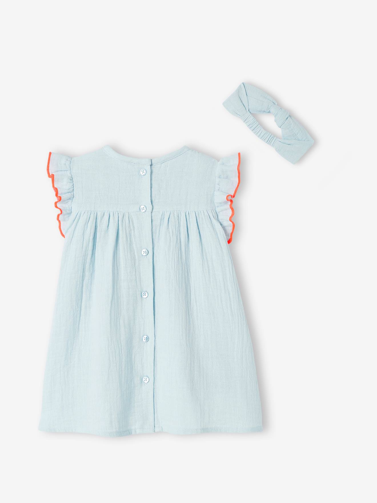 Robe bébé et son bandeau noeud bleu ciel