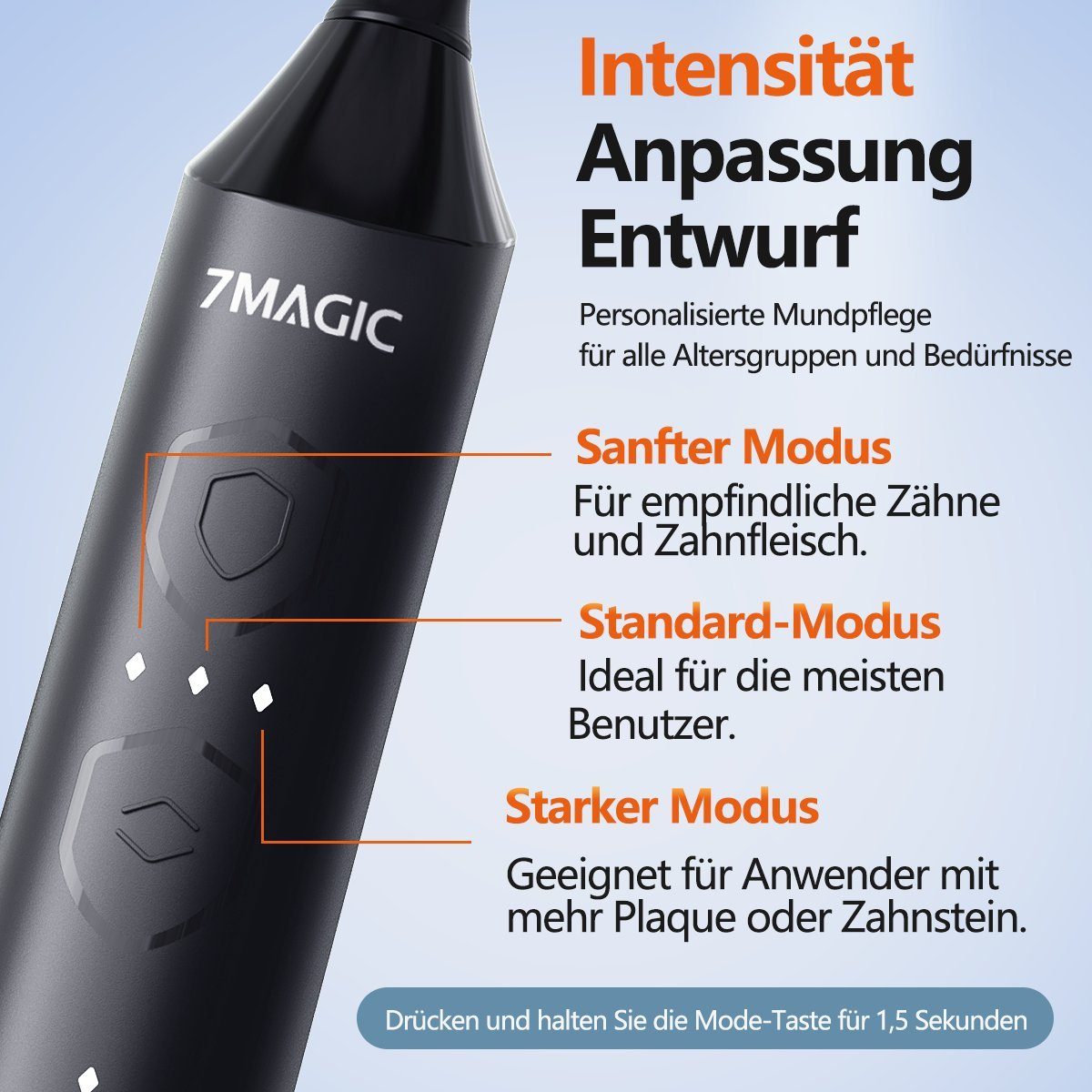 7Magic Schallzahnbürste Elektrische Zahnbürste mit Schalltechnologie 40000VPM UIltraschall, Aufsteckbürsten: 6 St., für Erwachsene und Kinder, 5 Zahnputz-Modi,Putzdauer-Erinnerung, Wasserdicht für die Dusche