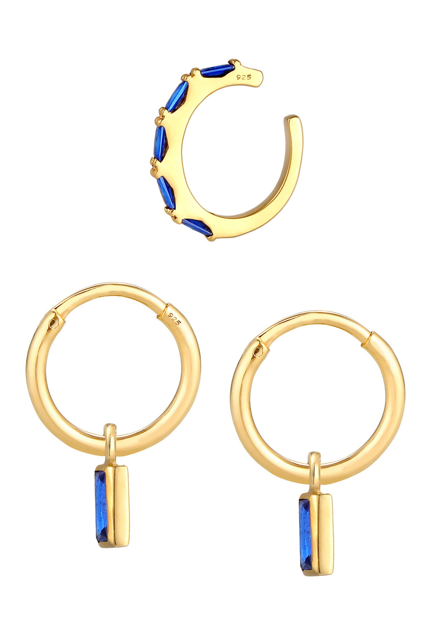 Boucles d'oreilles Elli PREMIUM pour femmes, modernes et élégantes, ornées de saphirs, en argent sterling 925 et plaqué or.