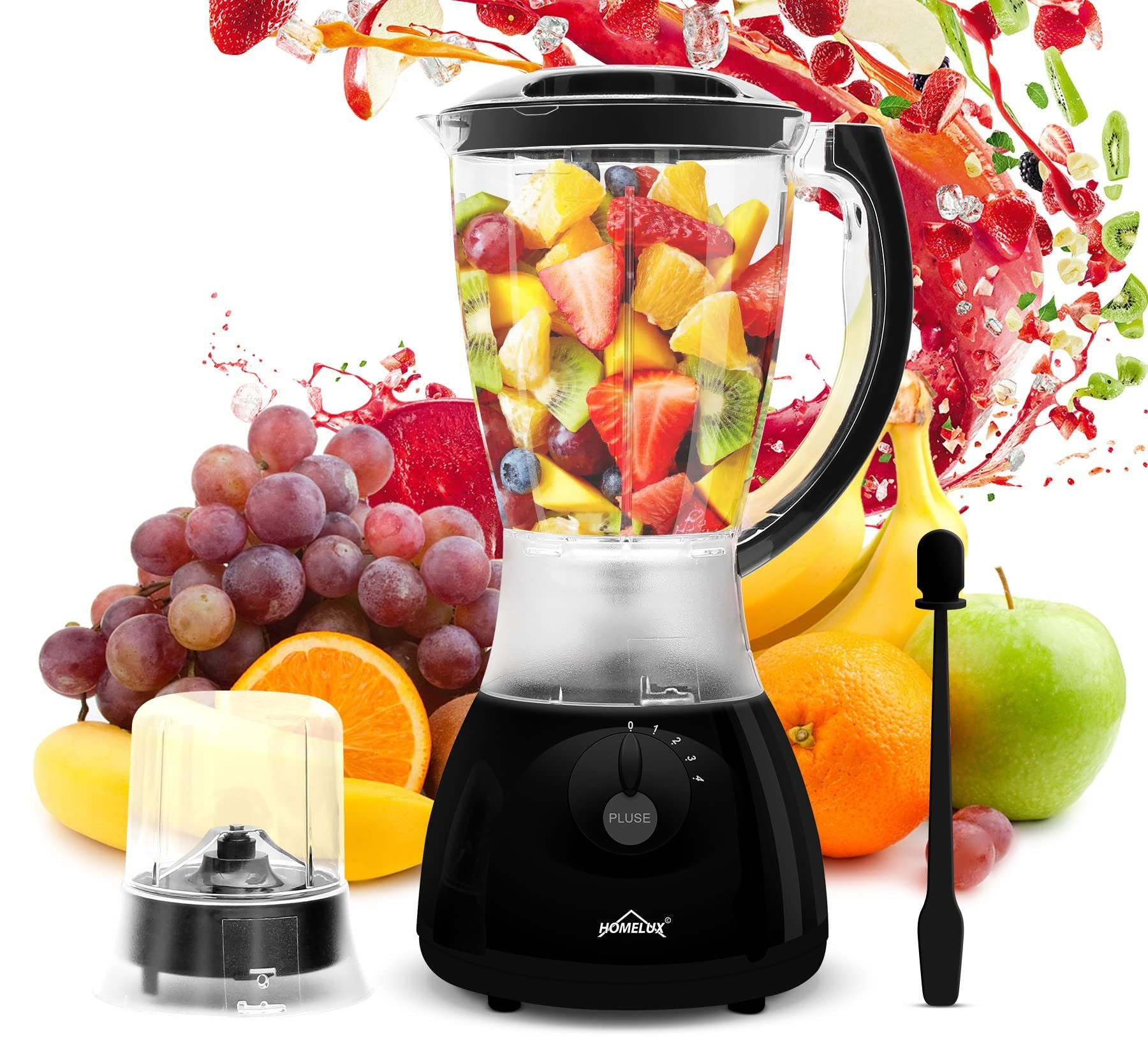HOMELUX Standmixer 400w 1,5 L Kunststoff Mixer Smoothie Maker 3 in 1 Universal Blender, 400,00 W, 4 Geschwindigkeit, Impulsfunktion, Küchenmixer mit Stopfer