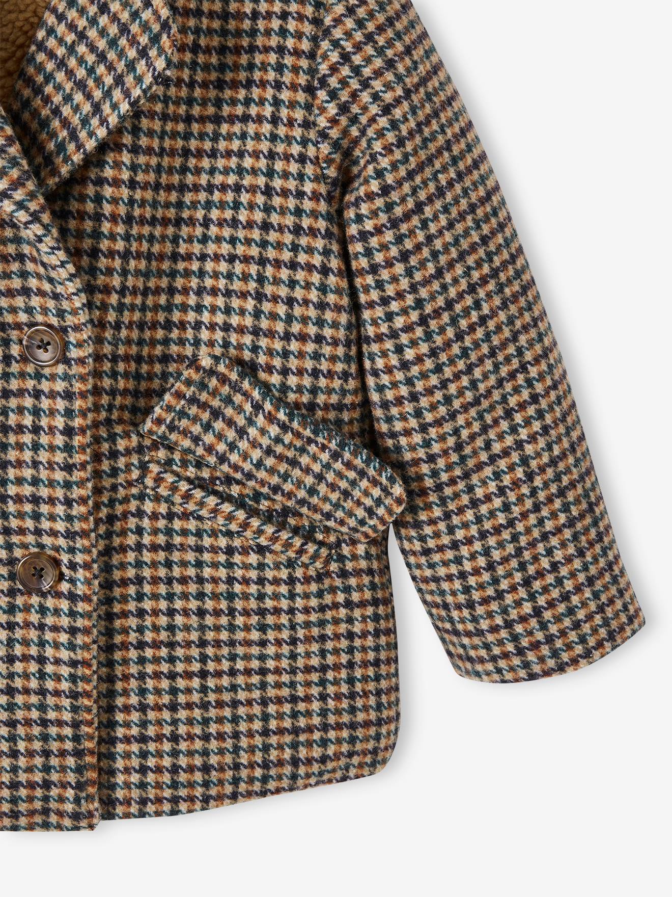 Vertbaudet Karierte Mädchen Jacke mit Teddyfleece-Futter, Wattierung Recycling-Polyester - beige kariert
