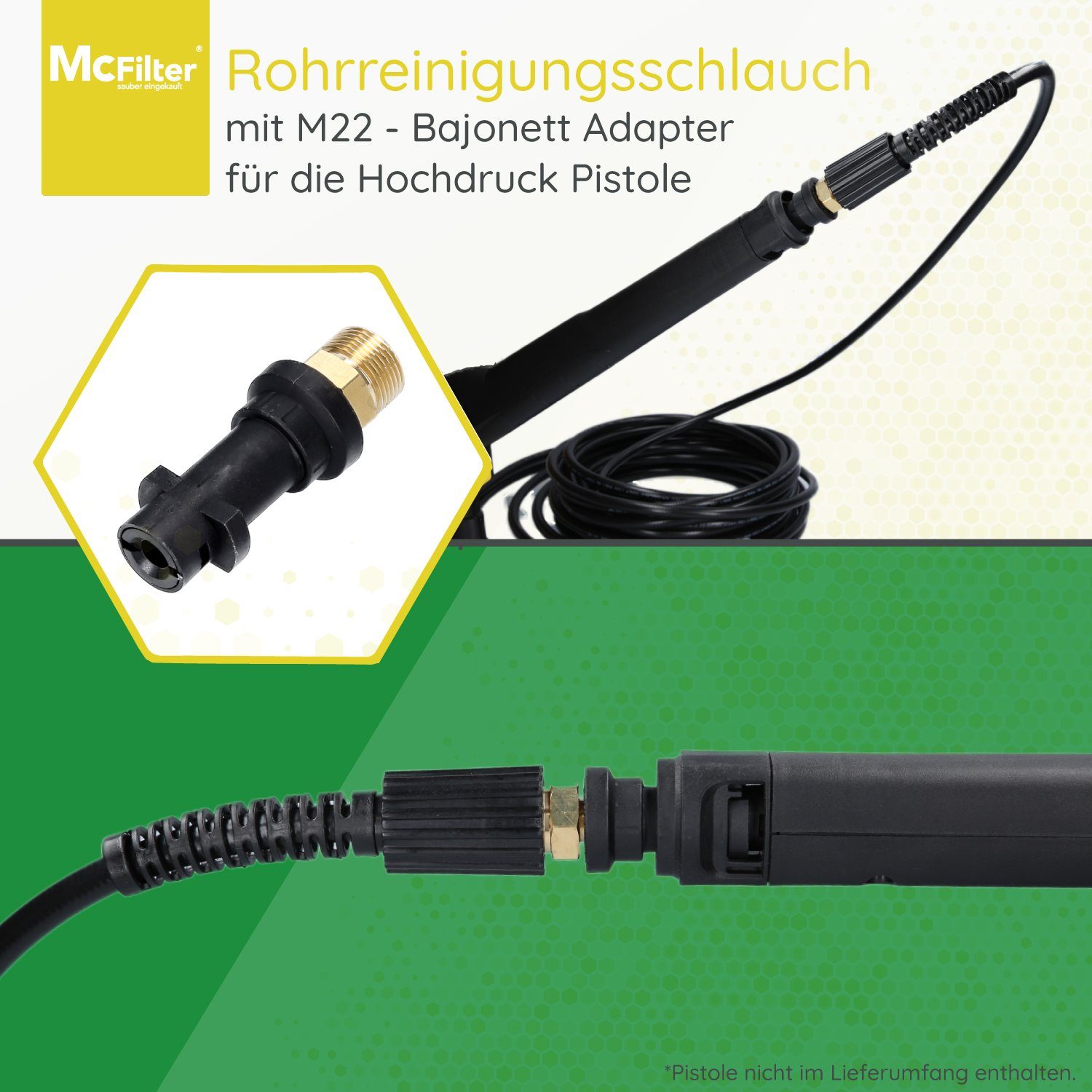 McFilter Hochdruckschlauch Rohrreinigungsschlauch, 10m, 160 bar, kompatibel mit Kärcher, K2, K3, K4, K5, K6, Hochdruckreiniger, inkl. Adapter, Düsen starr + rotierend