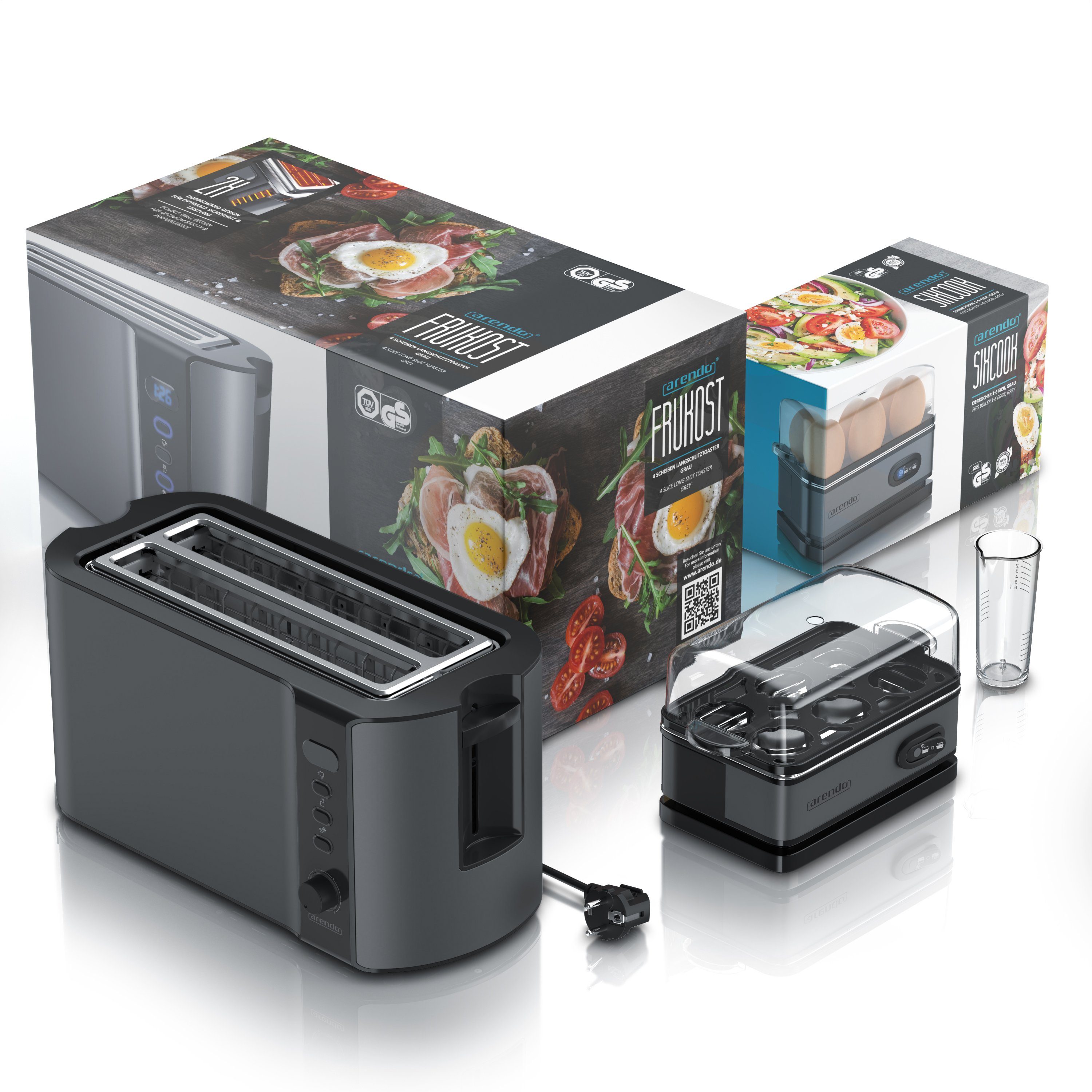Arendo Frühstücks-Set (2-tlg), 4-Scheiben Langschlitz Toaster, 6er Eierkocher, Grau