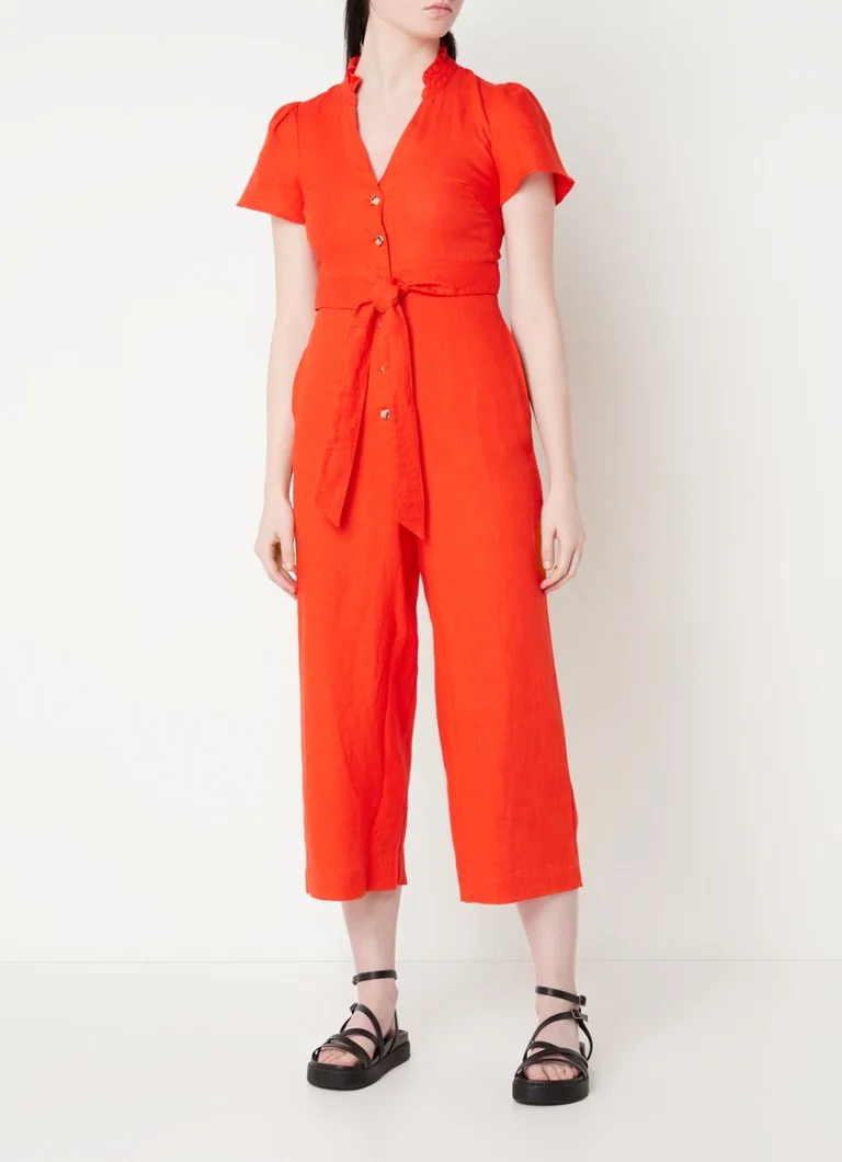 Whistles  Straight fit cropped jumpsuit van linnen met strikceintuur