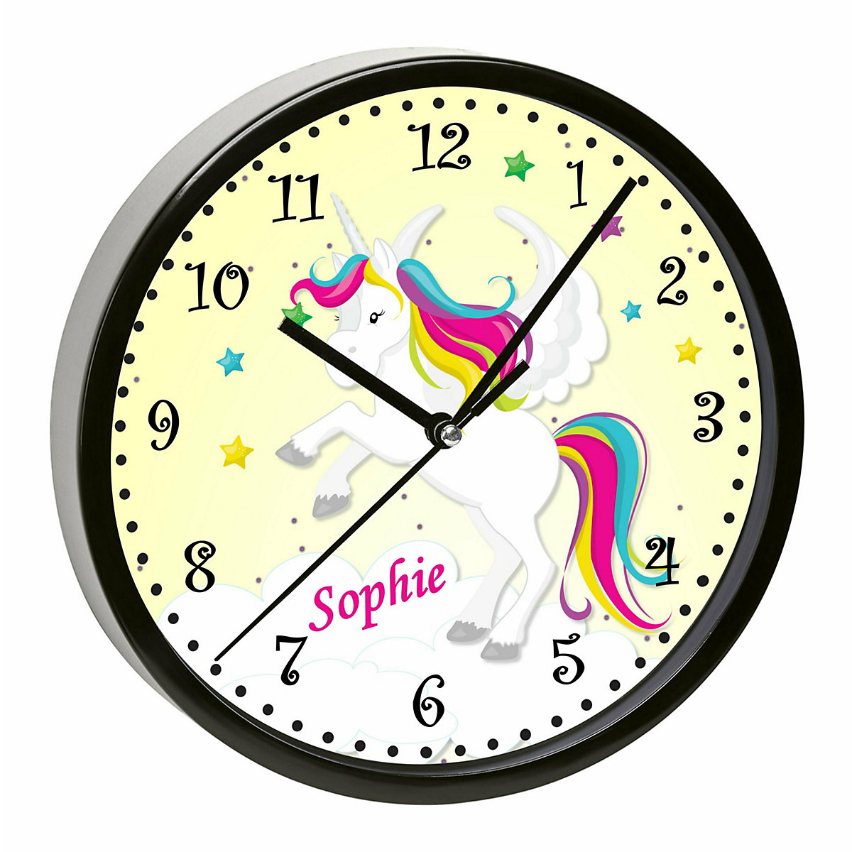Kinder Wanduhr personalisiert mit Name Pegasus Gelb