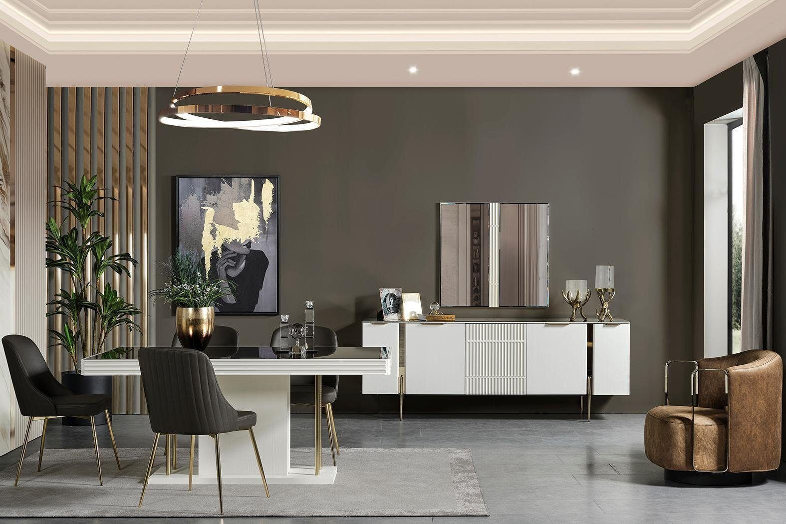 JVmoebel Esszimmer-Set Stilvolle Esszimmergarnitur Esstisch Stühle Sideboard Designer Spiegel, (9-St., Esstisch, 6x Stühle, Sideboard, Spiegel), Made in Europa