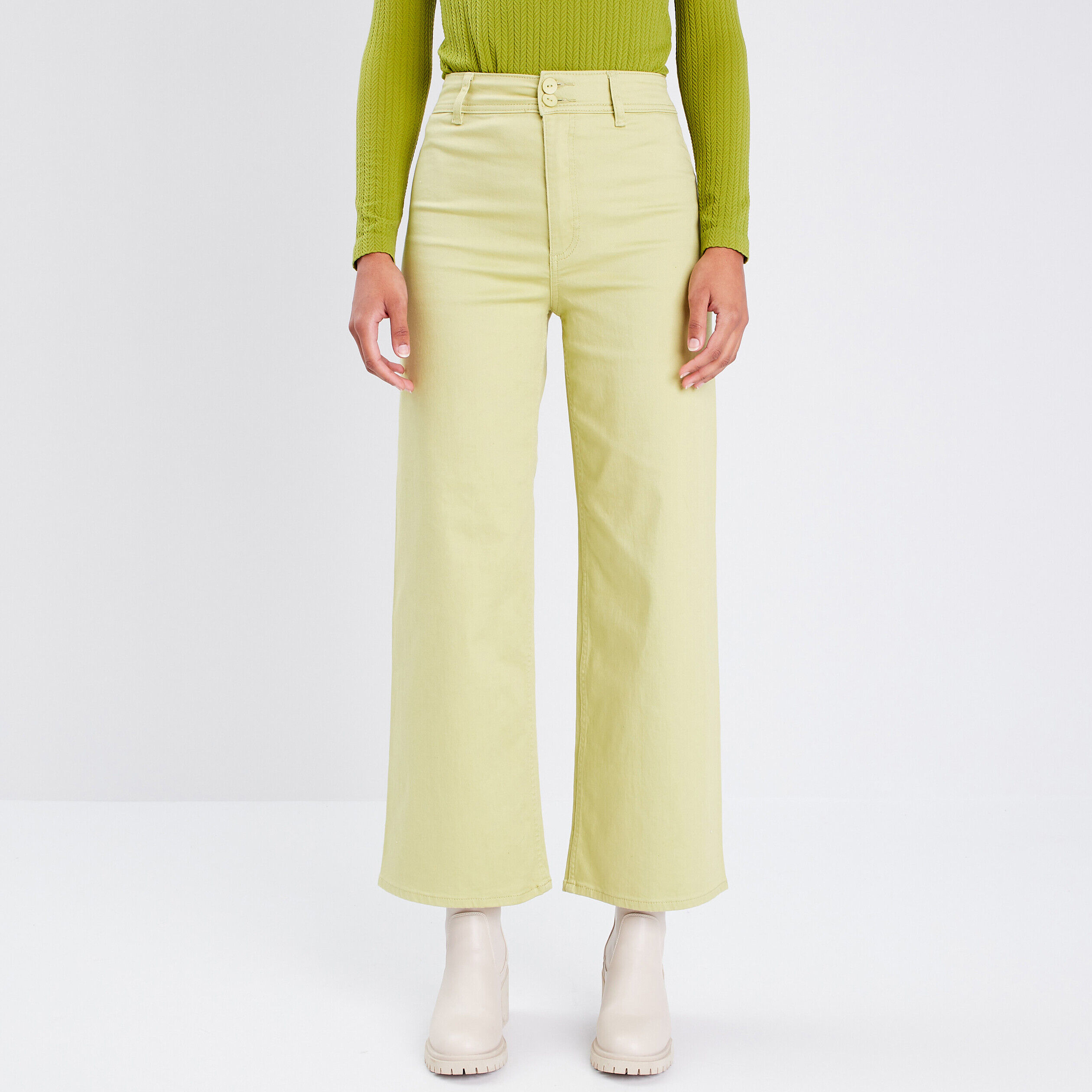 Jeans wide leg taille haute vert olive femme | Cache Cache