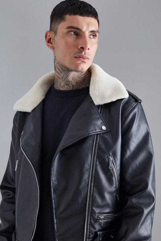 Kastige PU-Bikerjacke mit Borg-Kragen