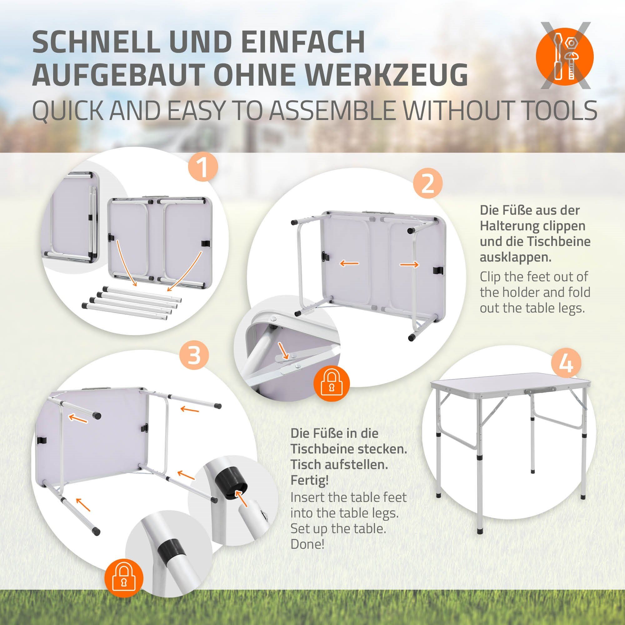 ML-DESIGN Klapptisch Campingtisch Tischplatte Gartentisch Falttisch Picknicktisch, Aluminium Silber-Weiß 75x55x68/32,5cm höhenverstellbar leicht MDF