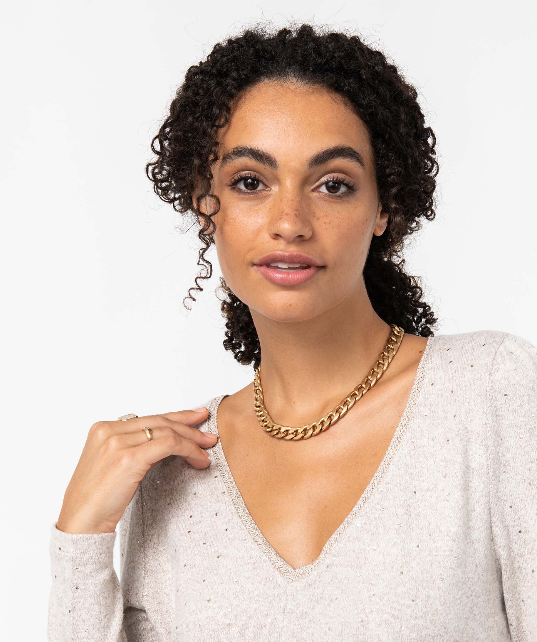 Tee-shirt femme à manches longues avec col V et motif paill... beige | GEMO