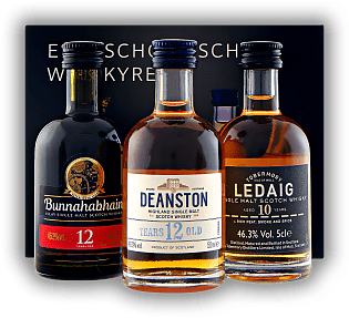 Miniaturen Set Single Malts 3x0,05 Liter Bunnahabhain 12 Years, Deanston 12 Years, Ledaig 10 Years Miniaturen Set Single Malts 3x0,05 Liter Bunnahabhain 12 Years, Deanston 12 Years, Ledaig 10 Years Whisky-Set mit drei Miniaturen der Burn Stewart-Rang
