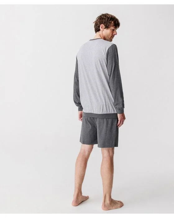 Ensemble pyjama manches longues + short en pur coton peigné